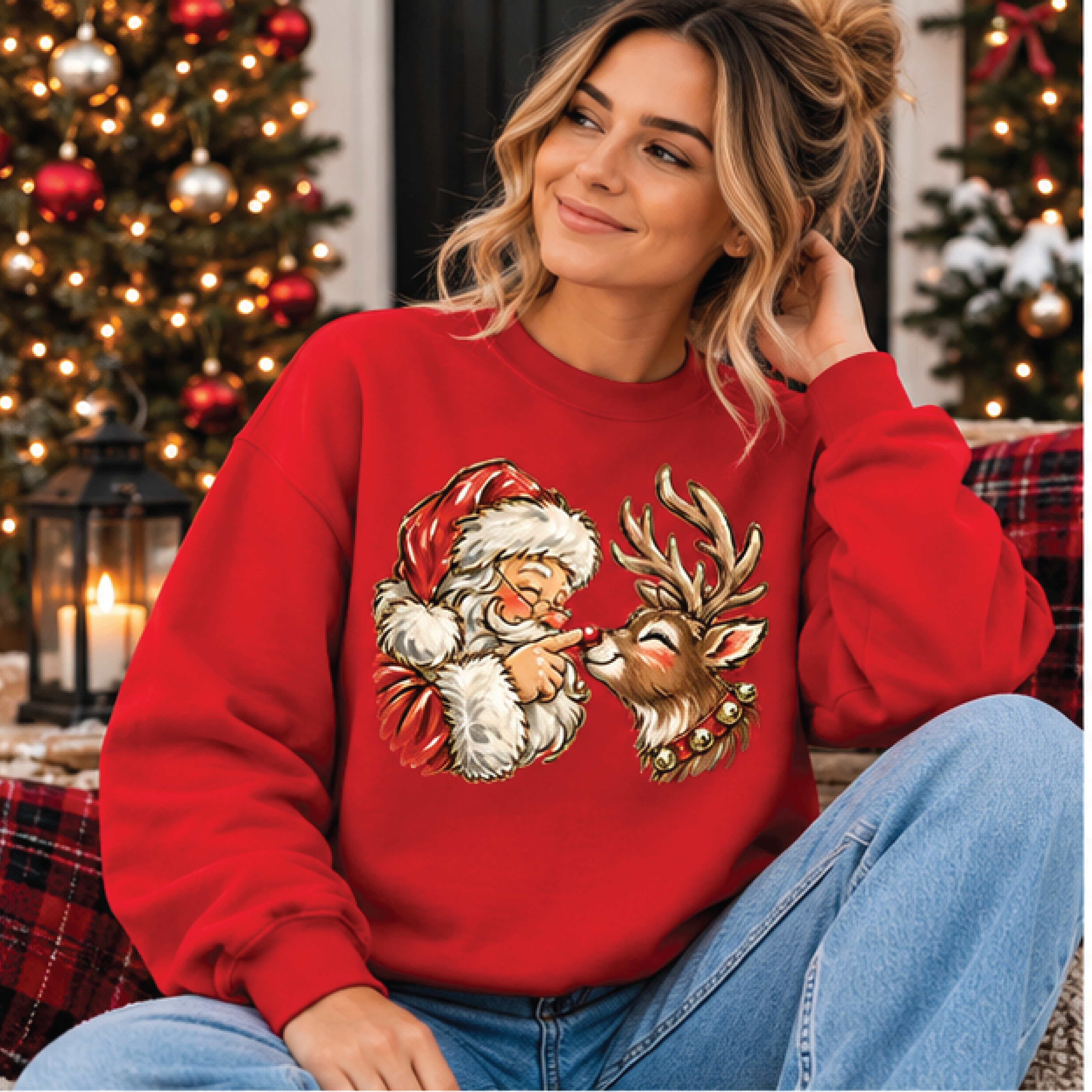 vintage santa and reindeer christmas sweatshirt, retro rudolph holiday crewneck, cute santa claus winter sweater, xmas