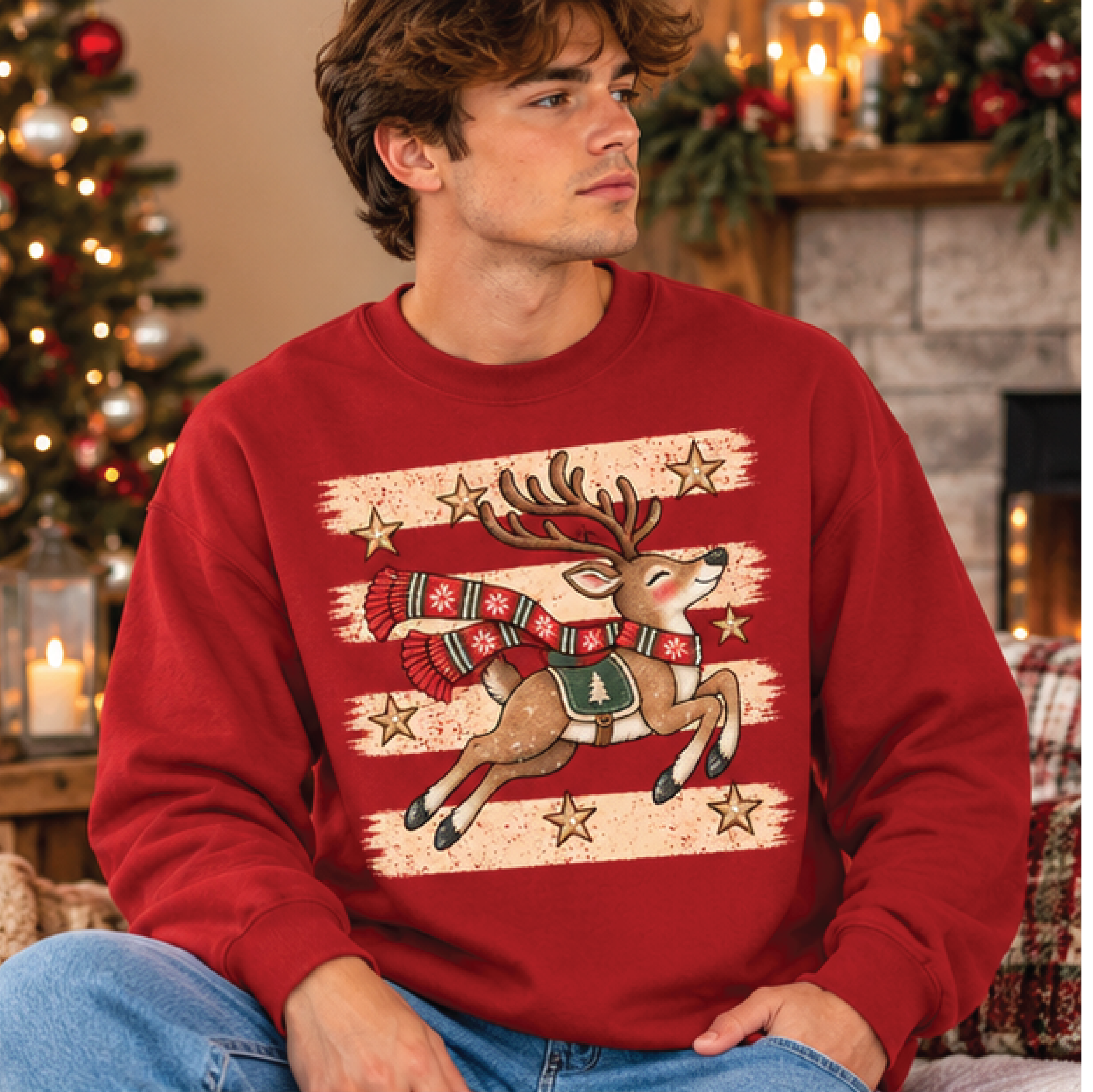 retro christmas reindeer sweatshirt, cute flying deer pink holiday crewneck, vintage xmas graphic sweater