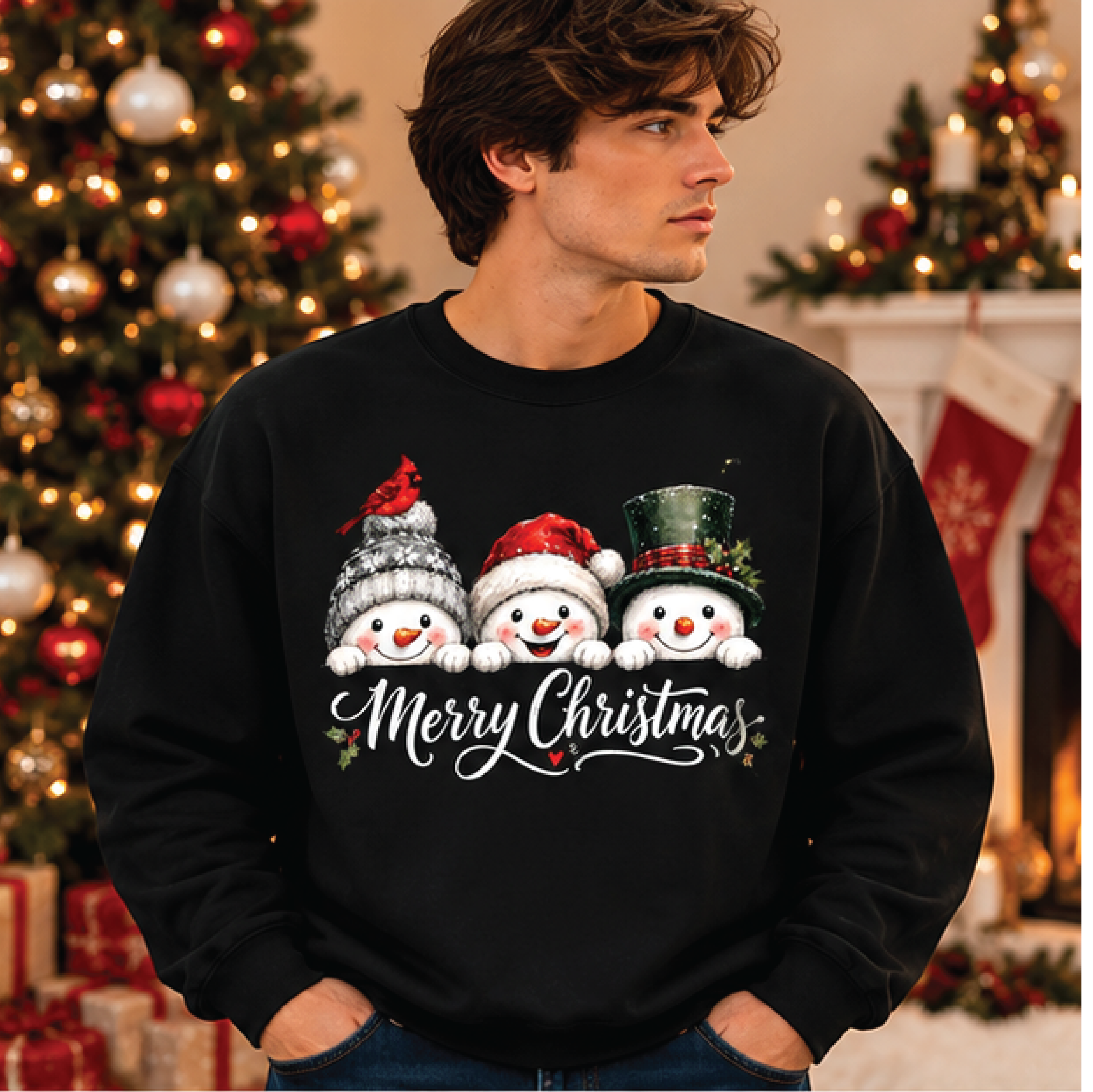 merry christmas snowman sweatshirt, cute three snowmen holiday crewneck, winter christmas graphic sweater, festive xmas