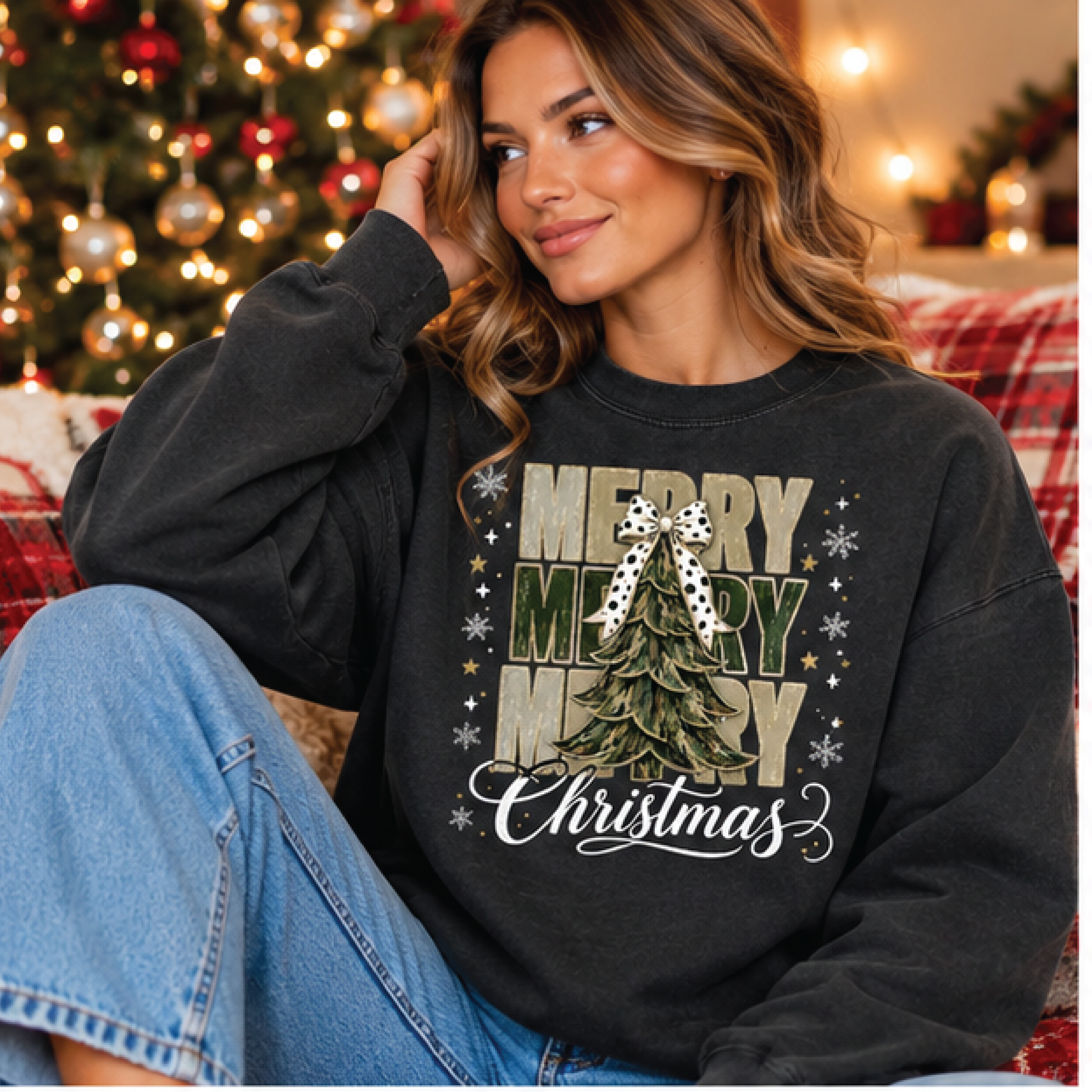 merry merry merry christmas sweatshirt, vintage christmas tree graphic crewneck, retro holiday sweater, cozy xmas gift