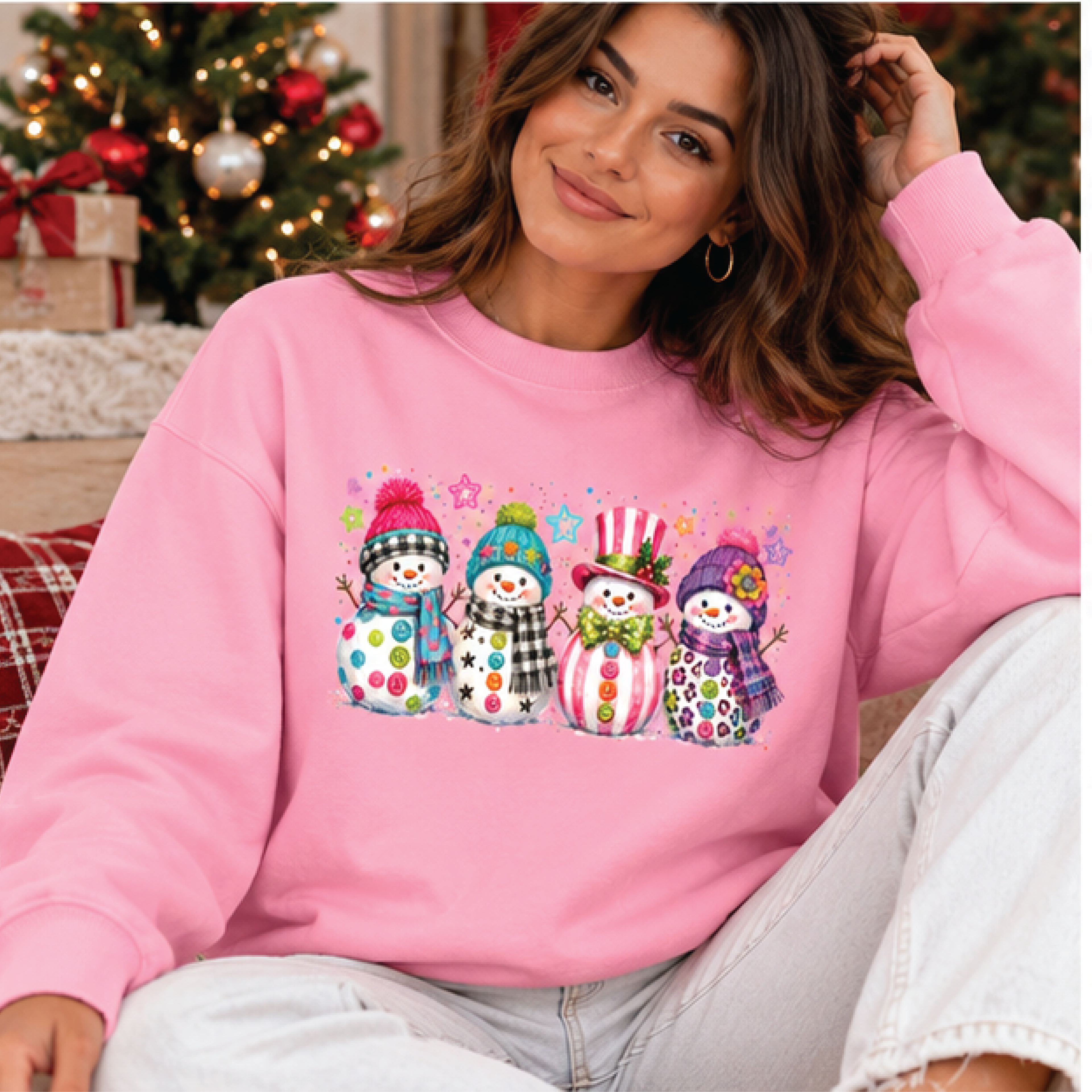 colorful snowman christmas sweatshirt, cute four snowmen winter crewneck, whimsical holiday sweater, festive xmas gift