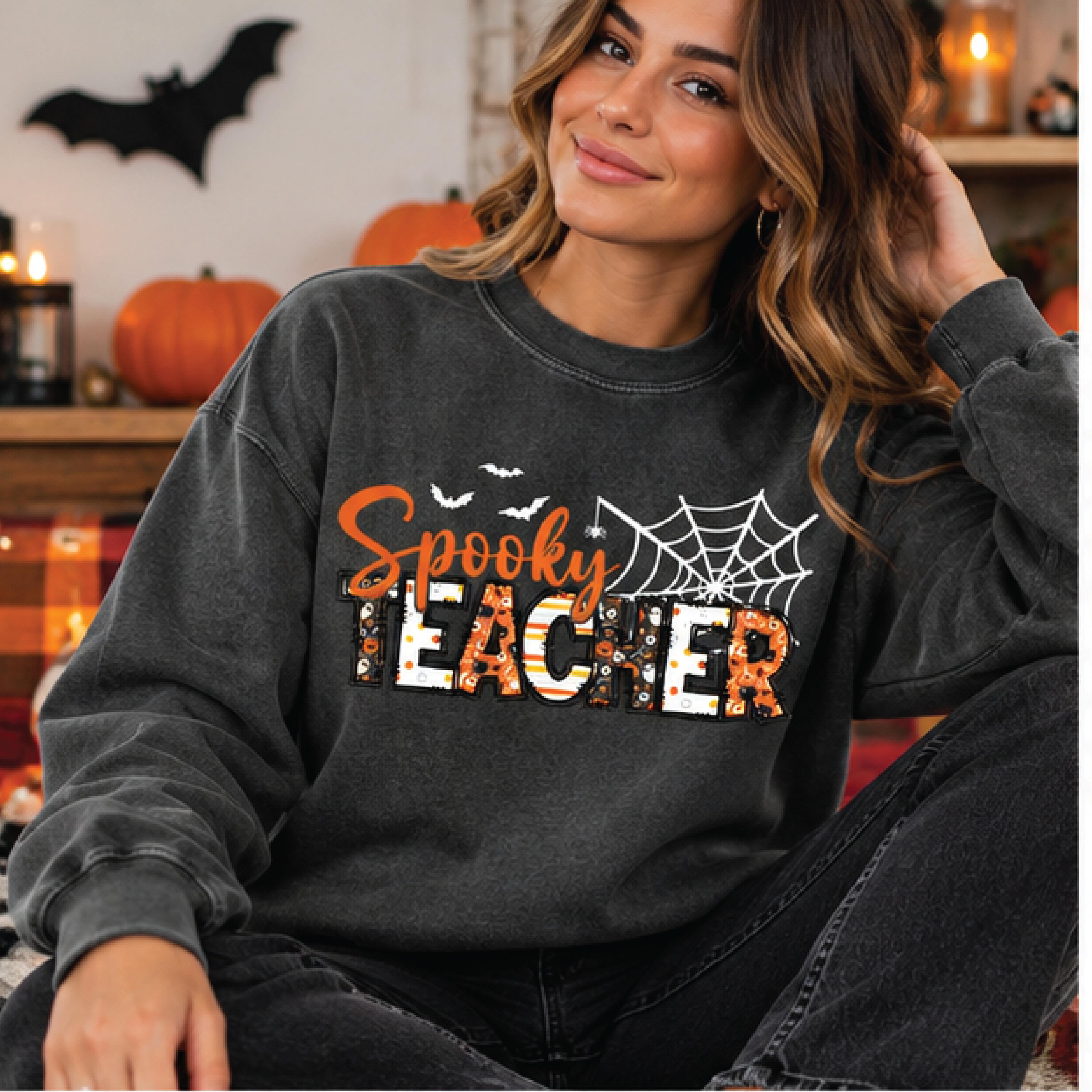 spooky teacher halloween sweatshirt, cute spider web crewneck, fall teacher outfit, halloween school gift, teacher