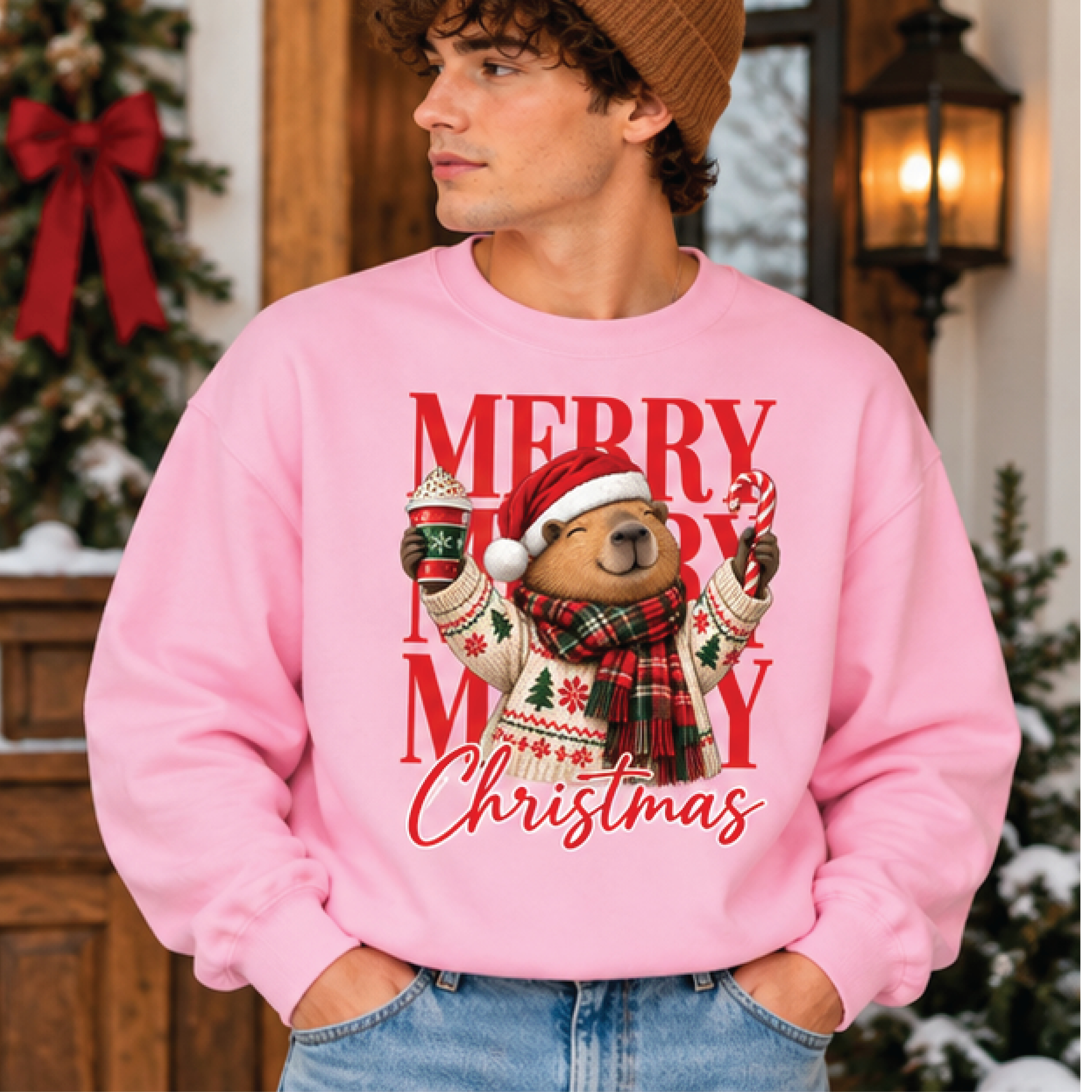 merry christmas capybara sweatshirt, cute santa hat capybara holiday crewneck, funny christmas sweater, cozy winter gift