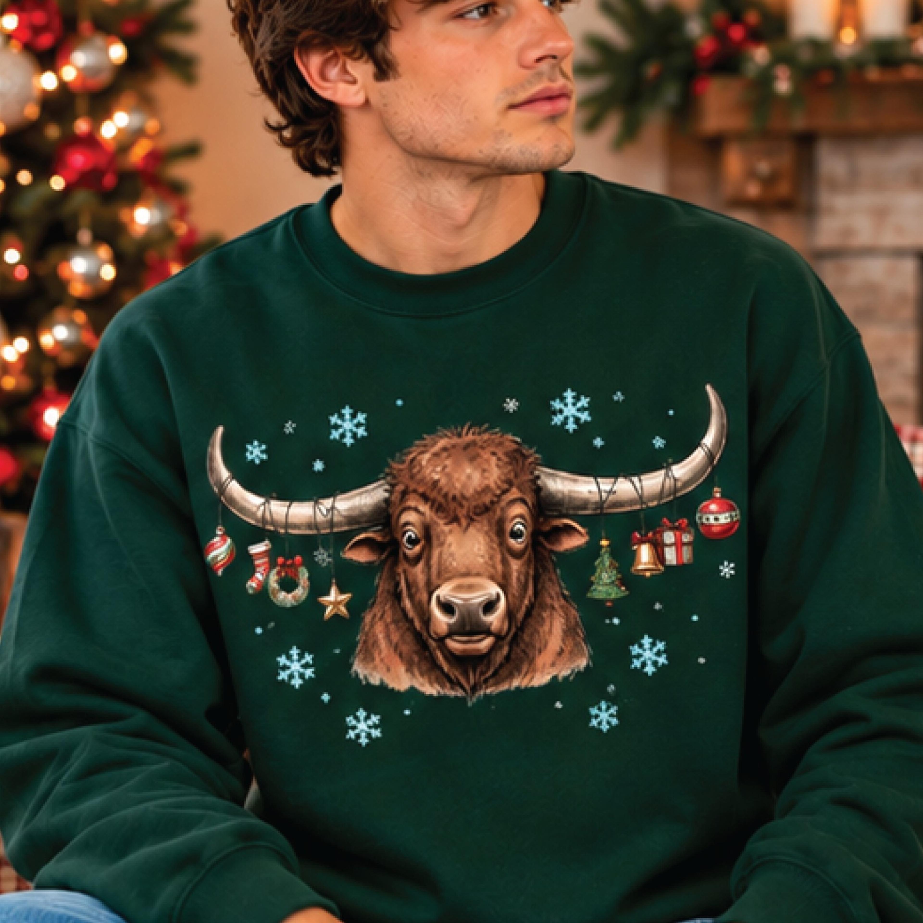 christmas highland cow sweatshirt, festive longhorn cow crewneck, cute western christmas sweater, holiday gift for cow