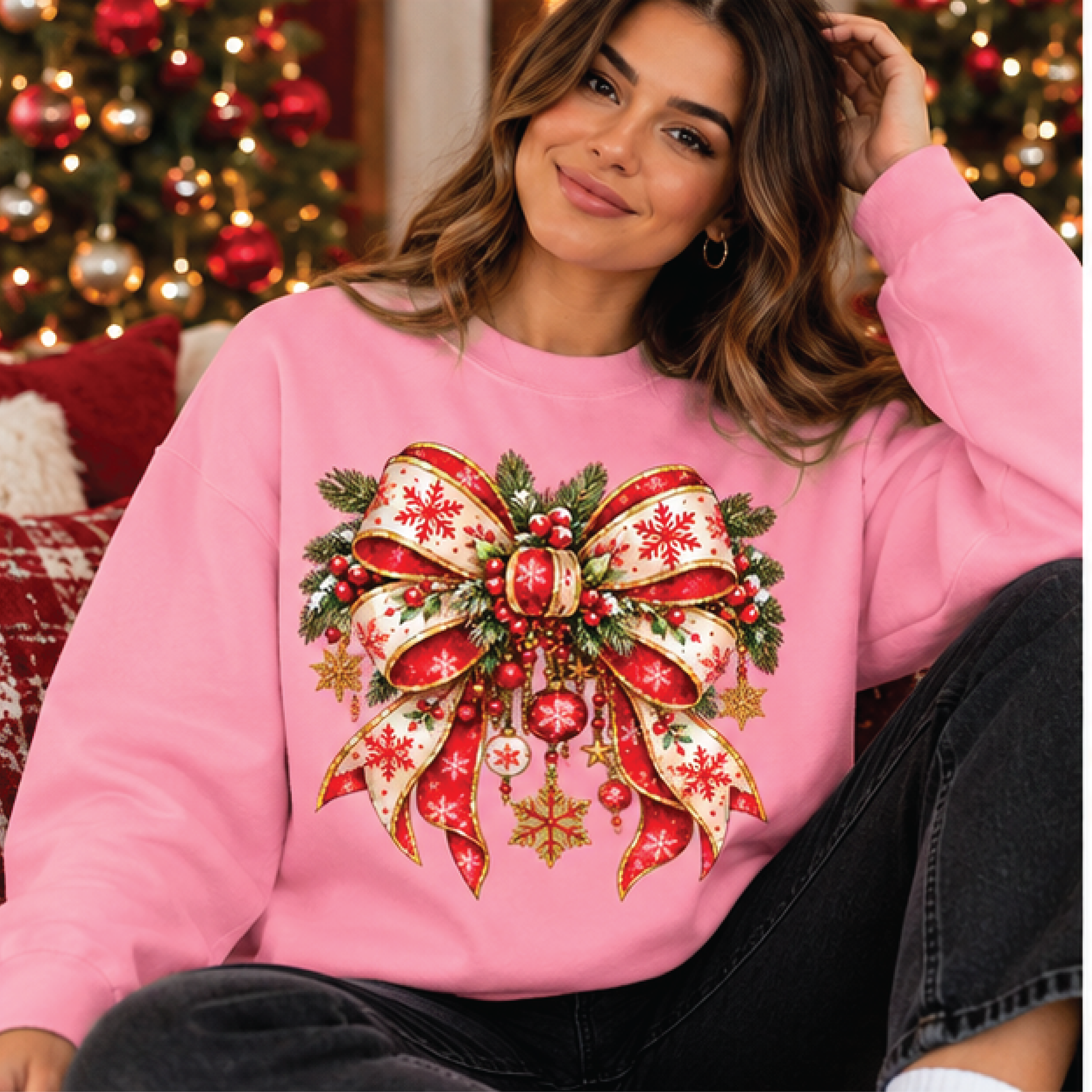 christmas bow sweatshirt, vintage red ribbon crewneck, coquette holiday sweater, pink christmas pullover, festive gift
