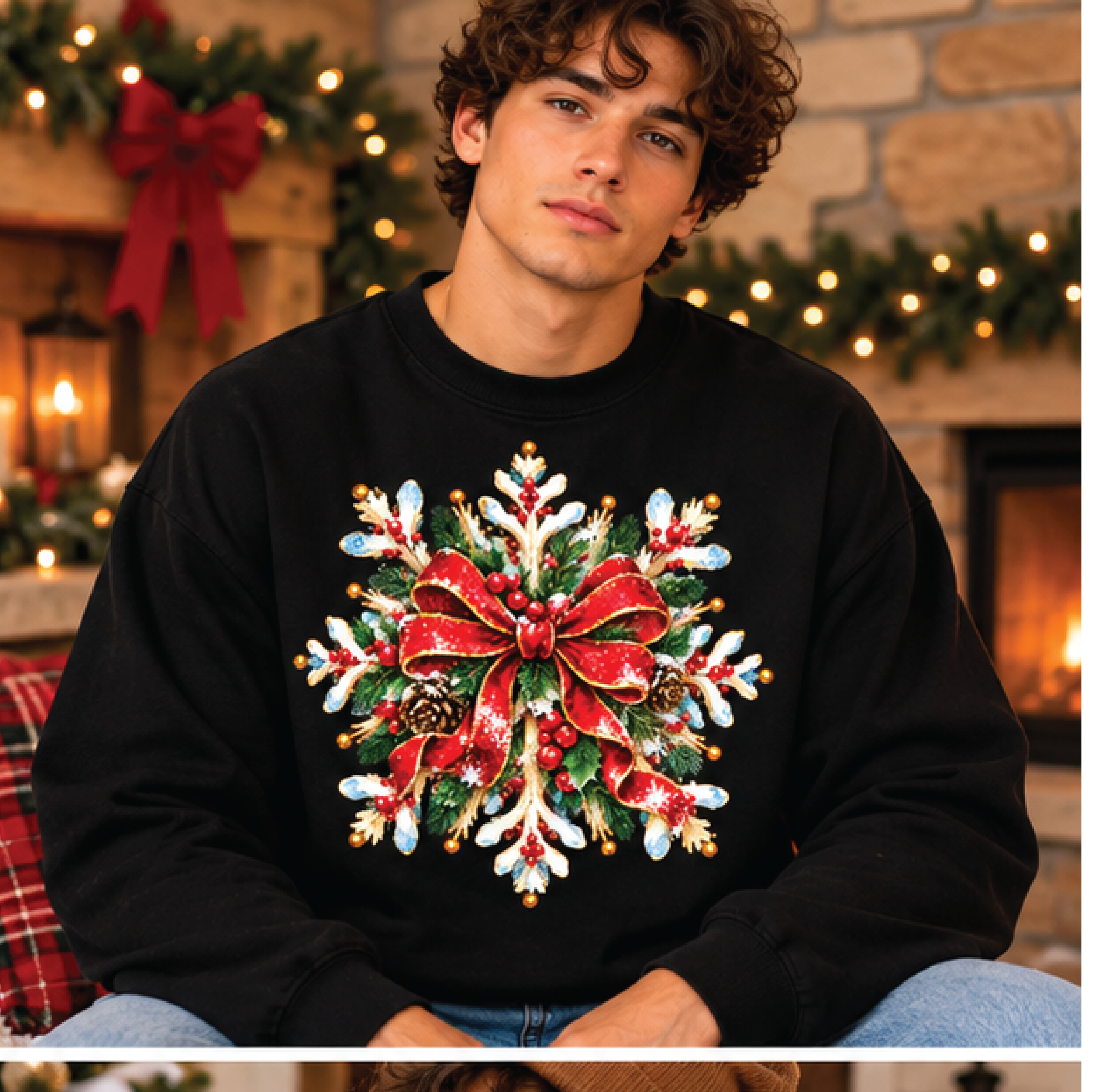 christmas snowflake bow sweatshirt, vintage red ribbon crewneck, festive holiday pullover, cozy christmas gift for men