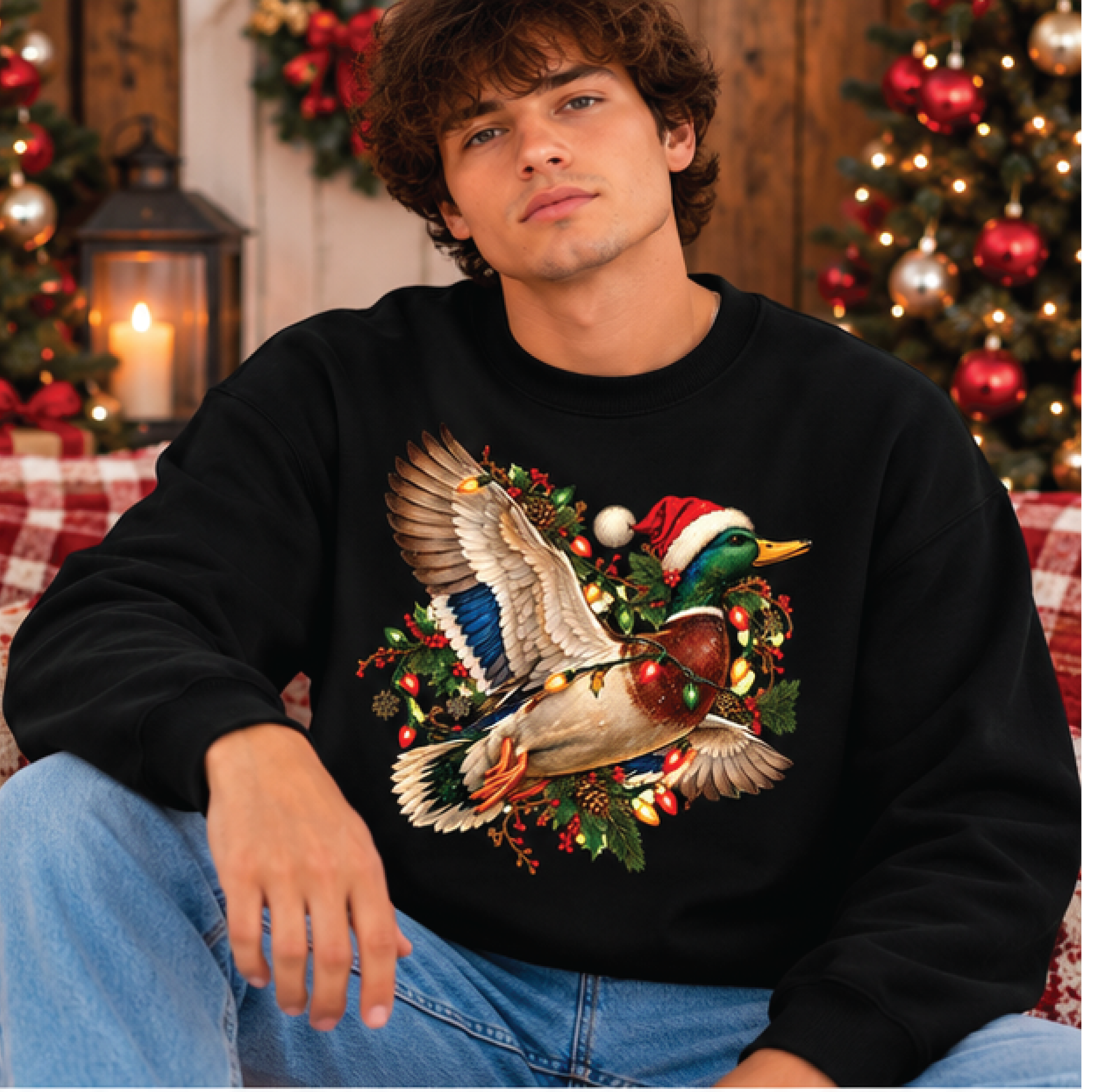 christmas duck sweatshirt, mallard duck santa hat crewneck, vintage holiday wildlife shirt, cozy duck lover christmas