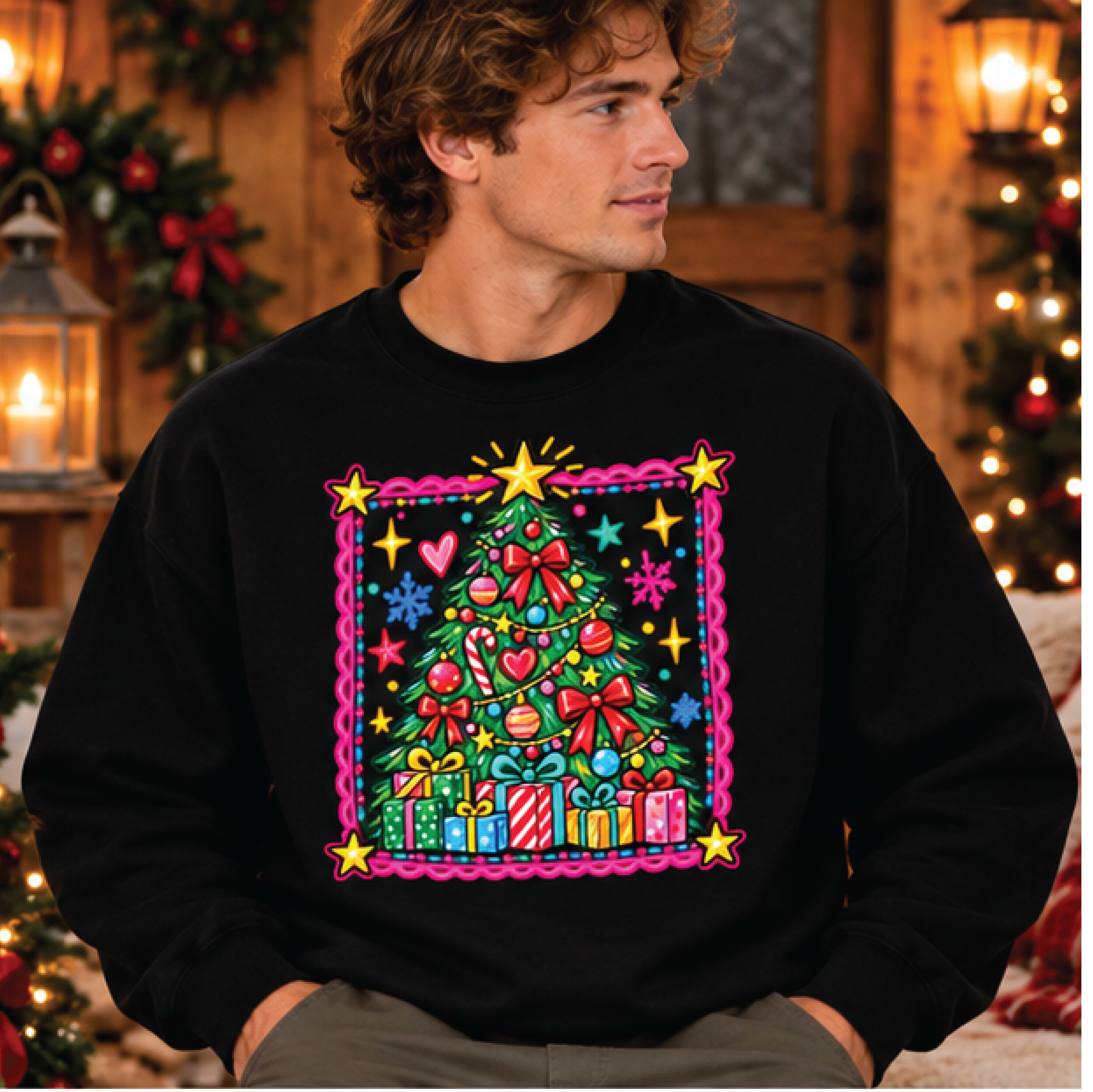 colorful christmas tree sweatshirt, cute holiday crewneck, retro festive christmas graphic sweater, cozy winter gift