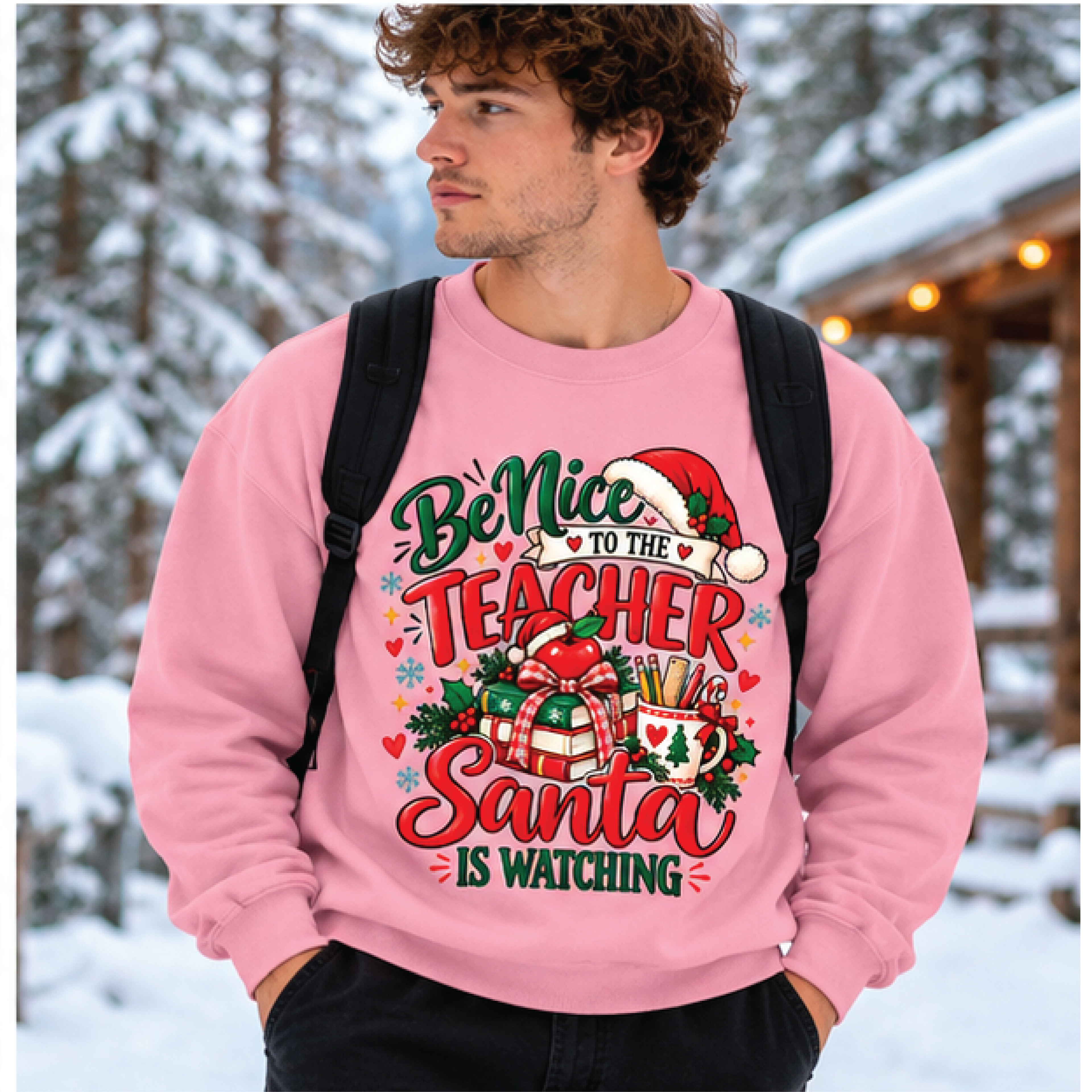 be nice to the teacher santa is watching sweatshirt, funny teacher christmas crewneck, holiday teacher gift, festive
