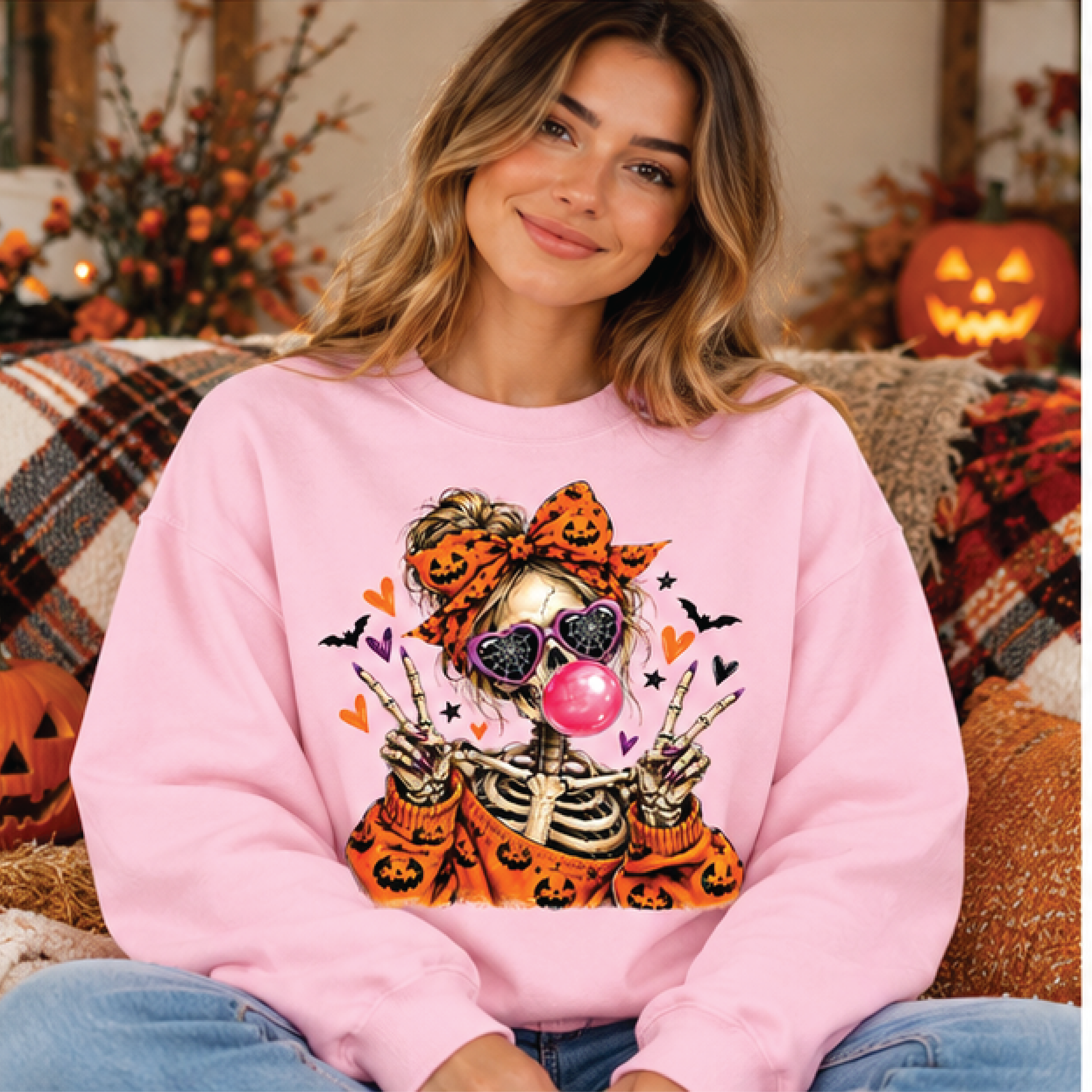halloween skeleton girl sweatshirt, pink spooky season crewneck, bubblegum skeleton graphic sweater, cute halloween gift