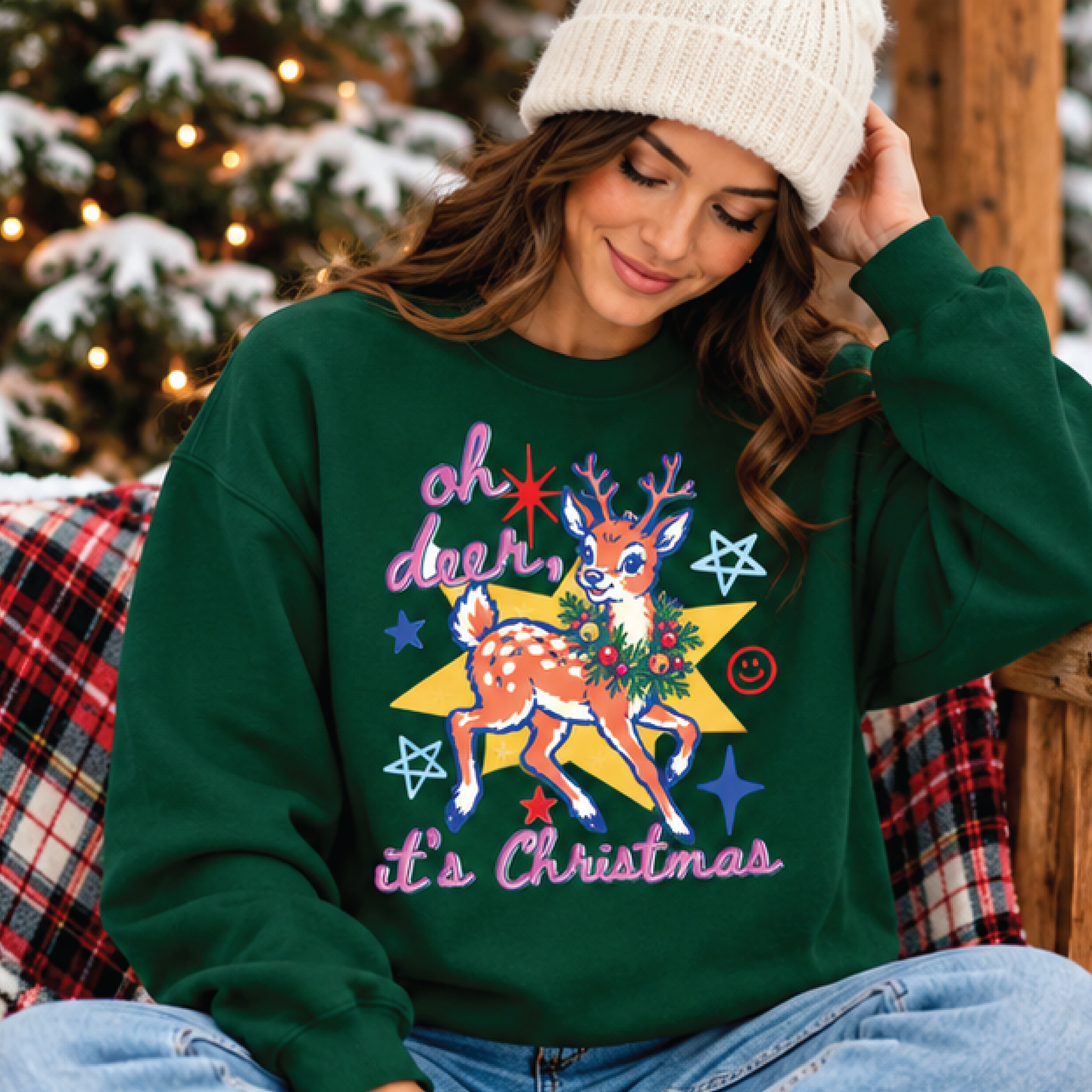 oh deer it's christmas sweatshirt, cute retro reindeer crewneck, colorful vintage holiday sweater, festive christmas