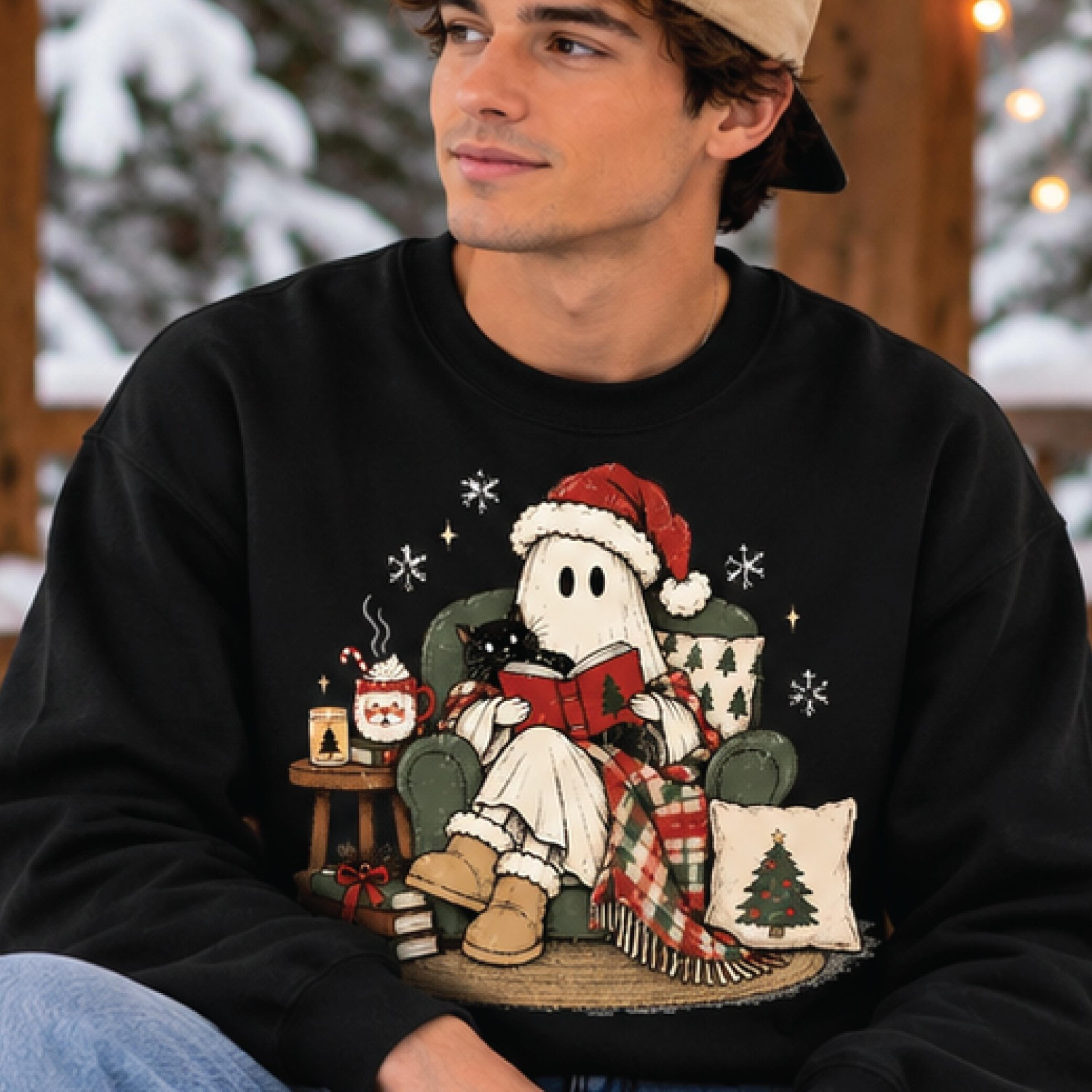 cozy christmas ghost sweatshirt, cute reading ghost with black cat crewneck, book lover holiday sweater, festive winter