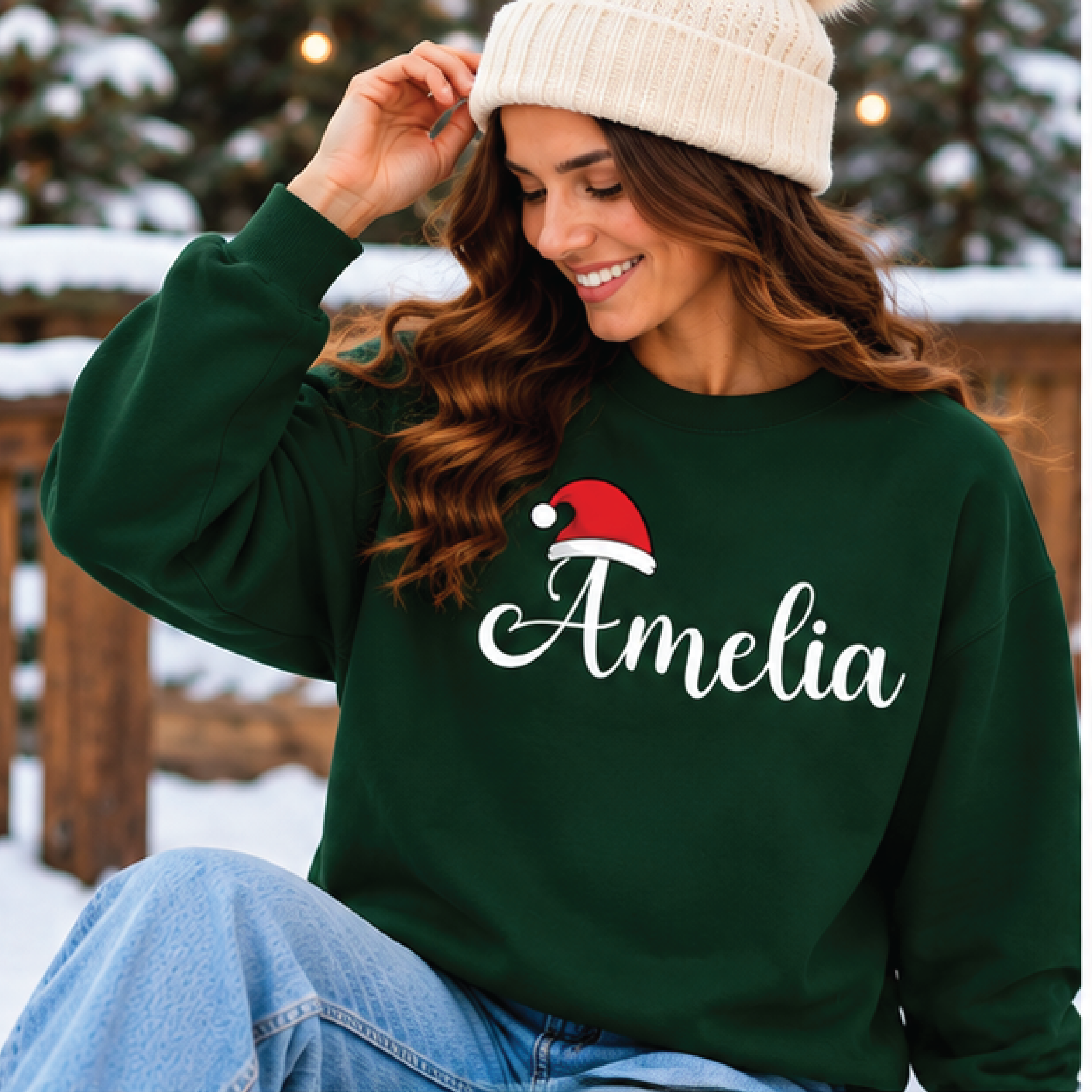 personalized christmas name sweatshirt, custom name santa hat crewneck, minimalist holiday sweater, matching family xmas