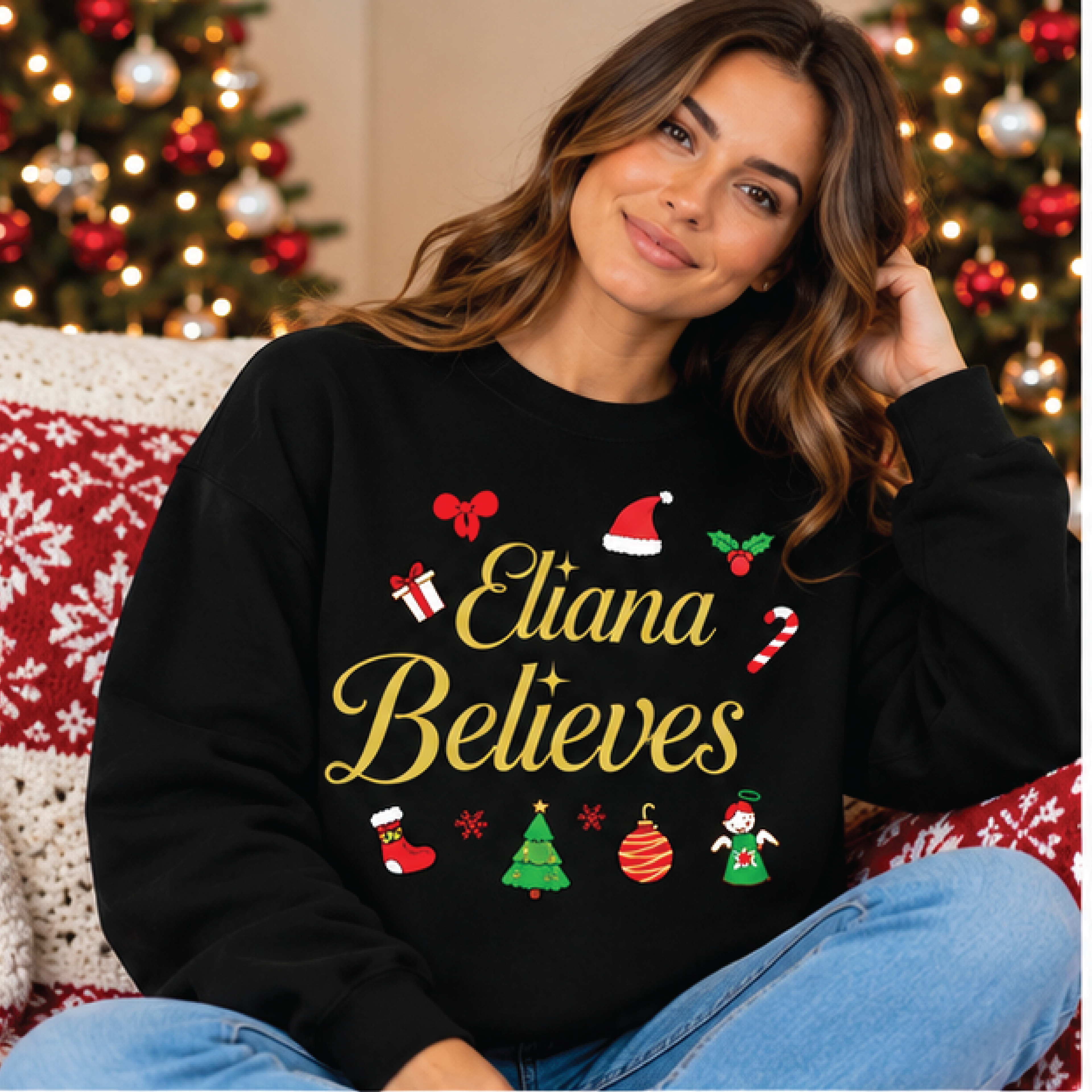 personalized christmas name sweatshirt, custom believes holiday crewneck, festive christmas sweater, family matching