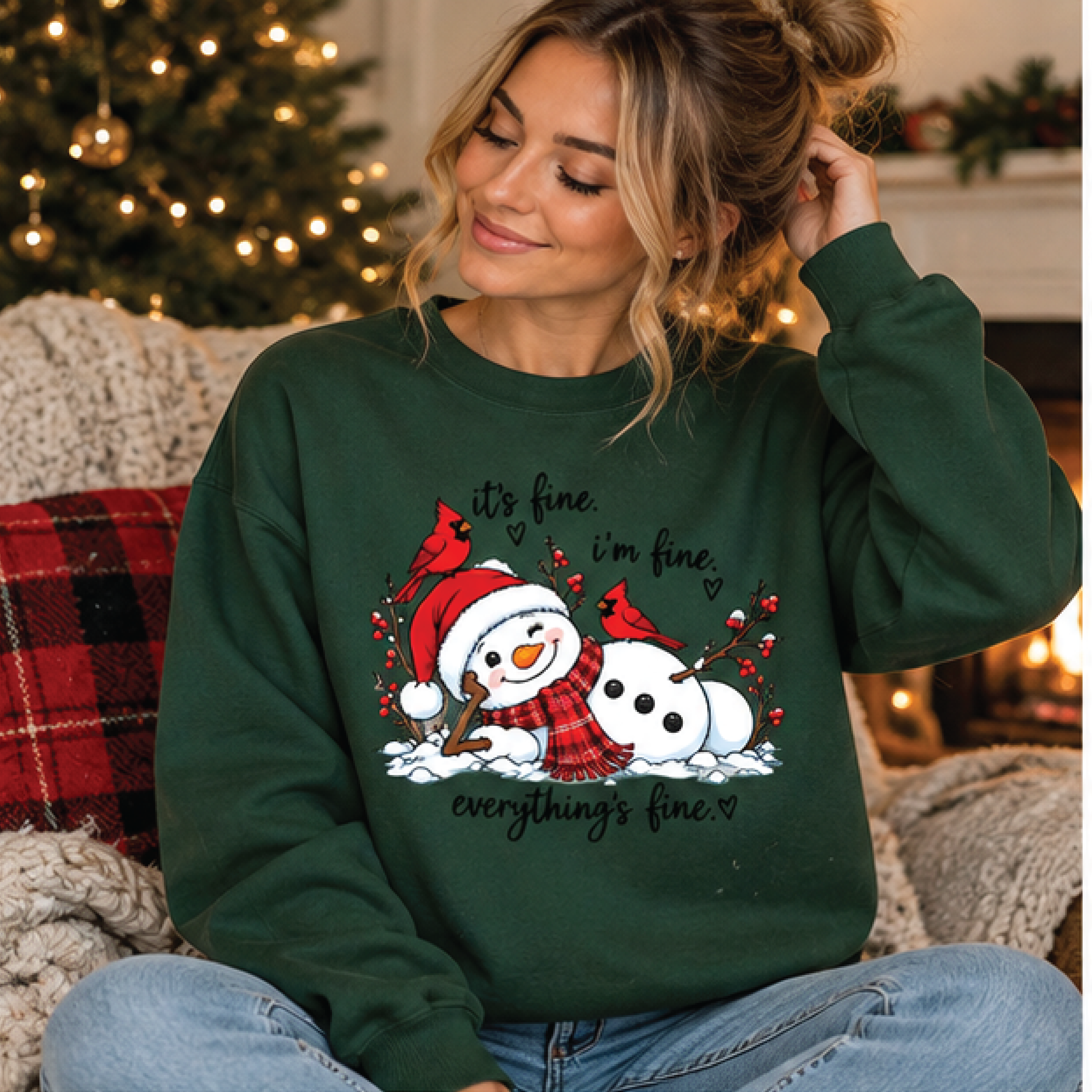 funny snowman christmas sweatshirt, it's fine everything's fine winter sweater, cute cardinal holiday pullover, unisex