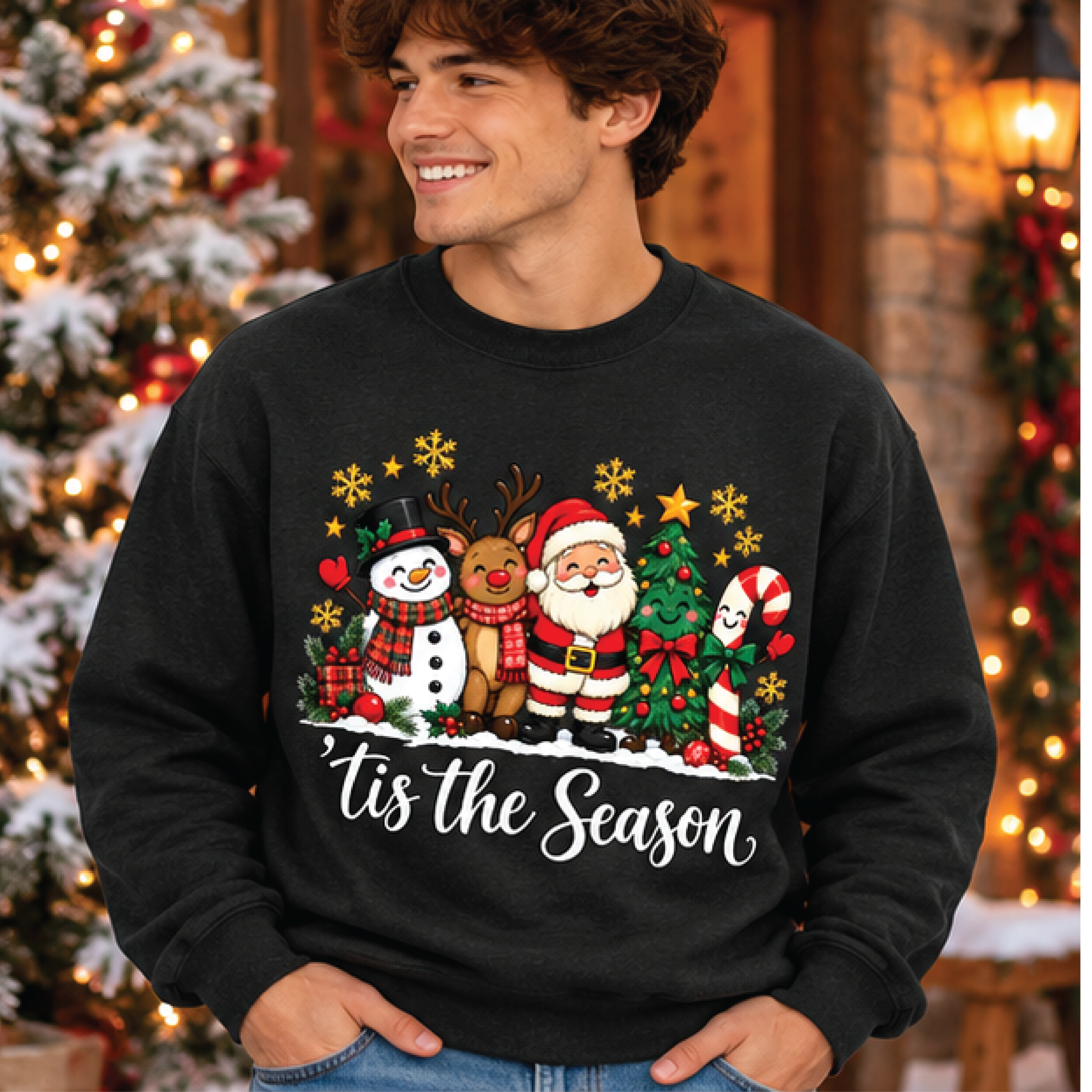 tis the season christmas sweatshirt, cute santa reindeer snowman sweater, festive holiday pullover, unisex adult xmas