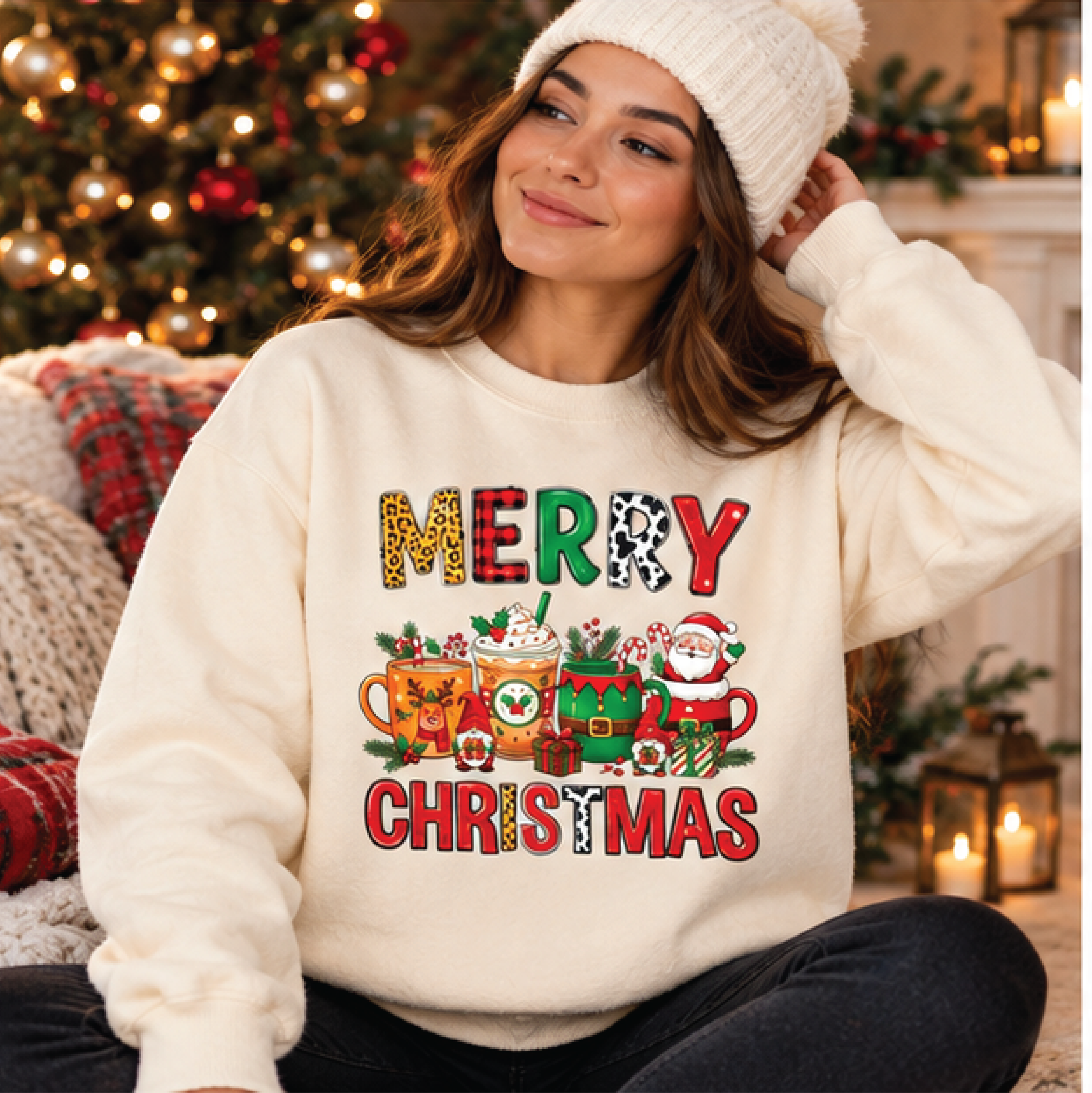 merry christmas sweatshirt, cute holiday coffee cups graphic pullover, festive santa xmas sweater, unisex adult christma