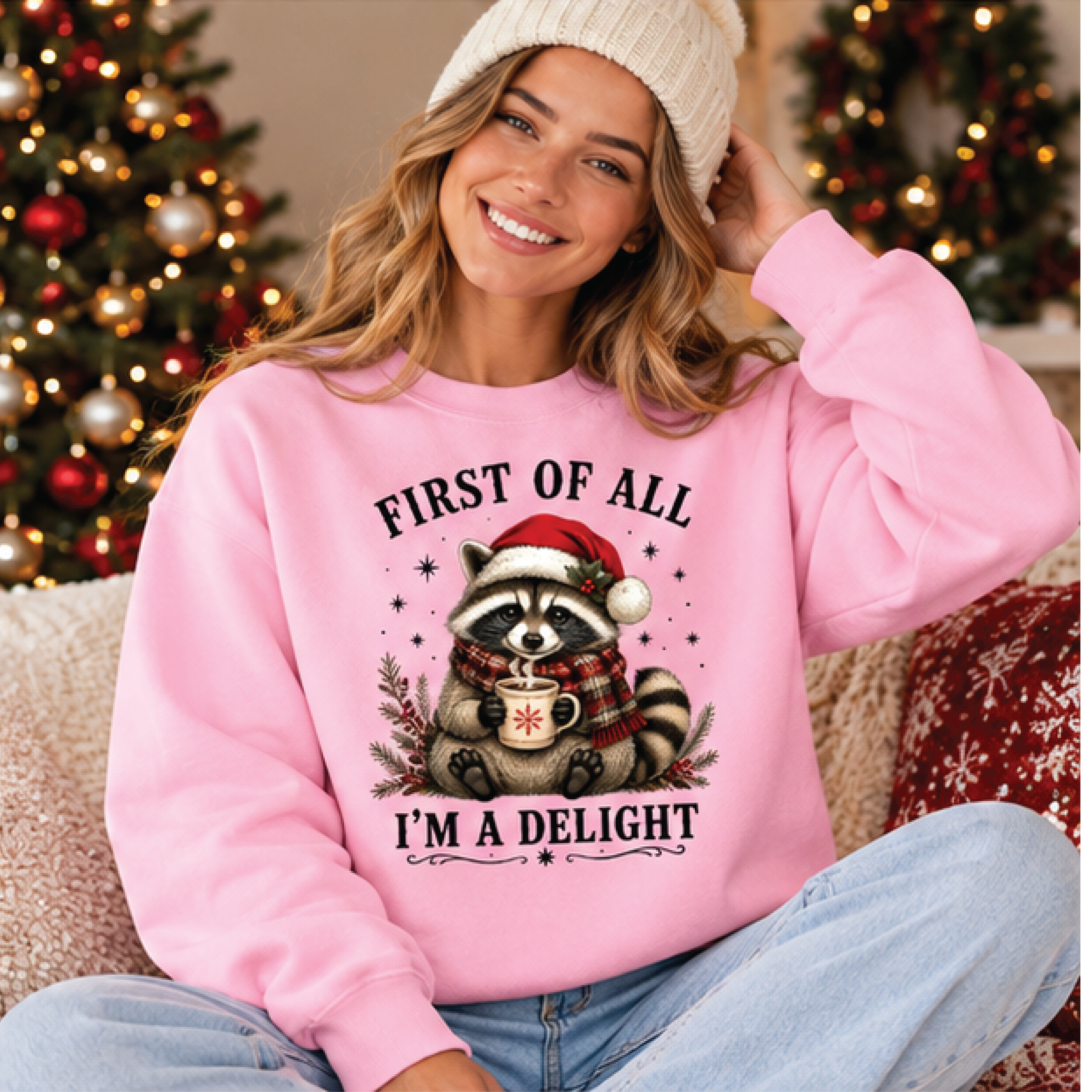 first of all i'm a delight raccoon christmas sweatshirt, funny cute raccoon holiday crewneck, unisex adult xmas gift