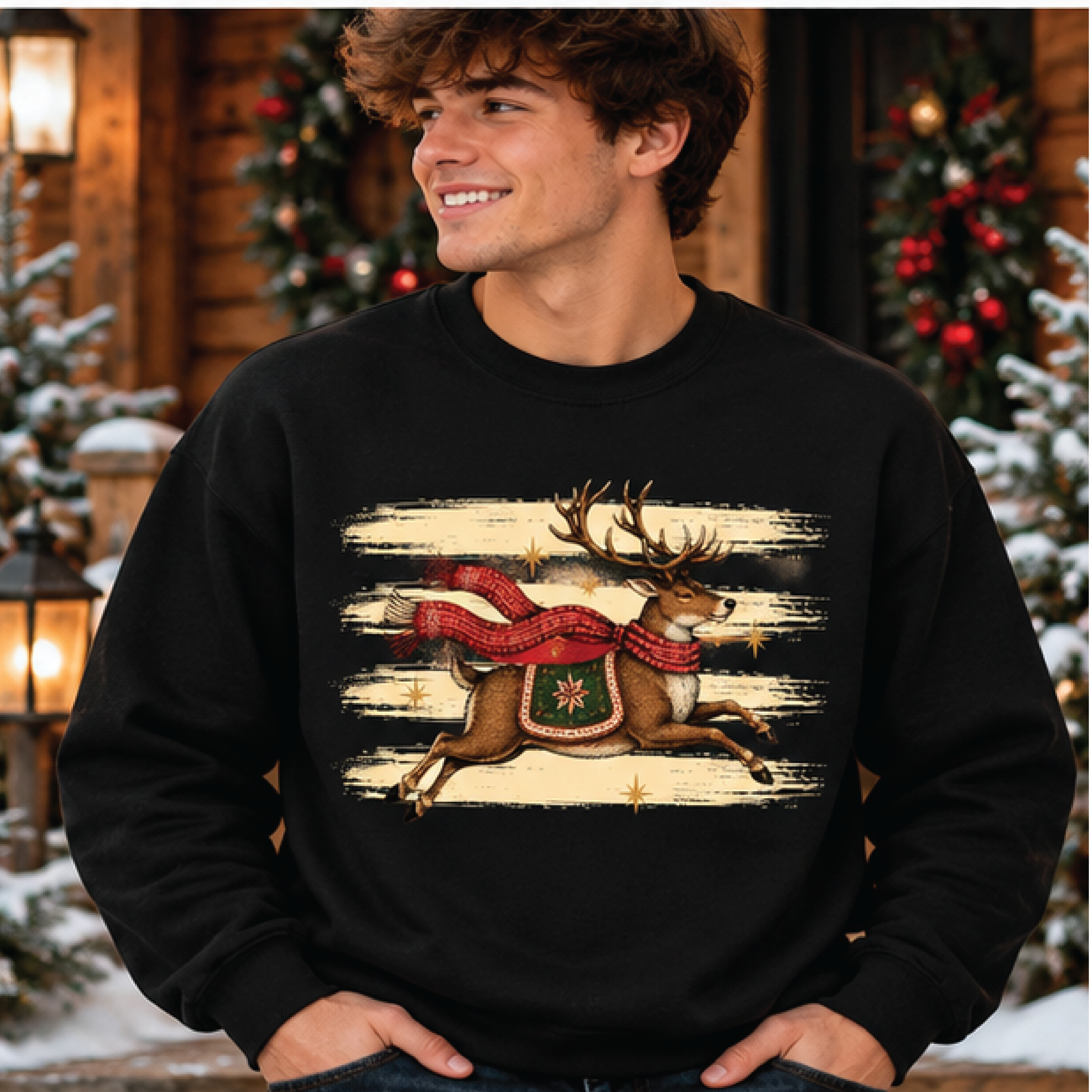 vintage christmas reindeer sweatshirt, retro running deer holiday crewneck, rustic winter animal graphic, unisex adult