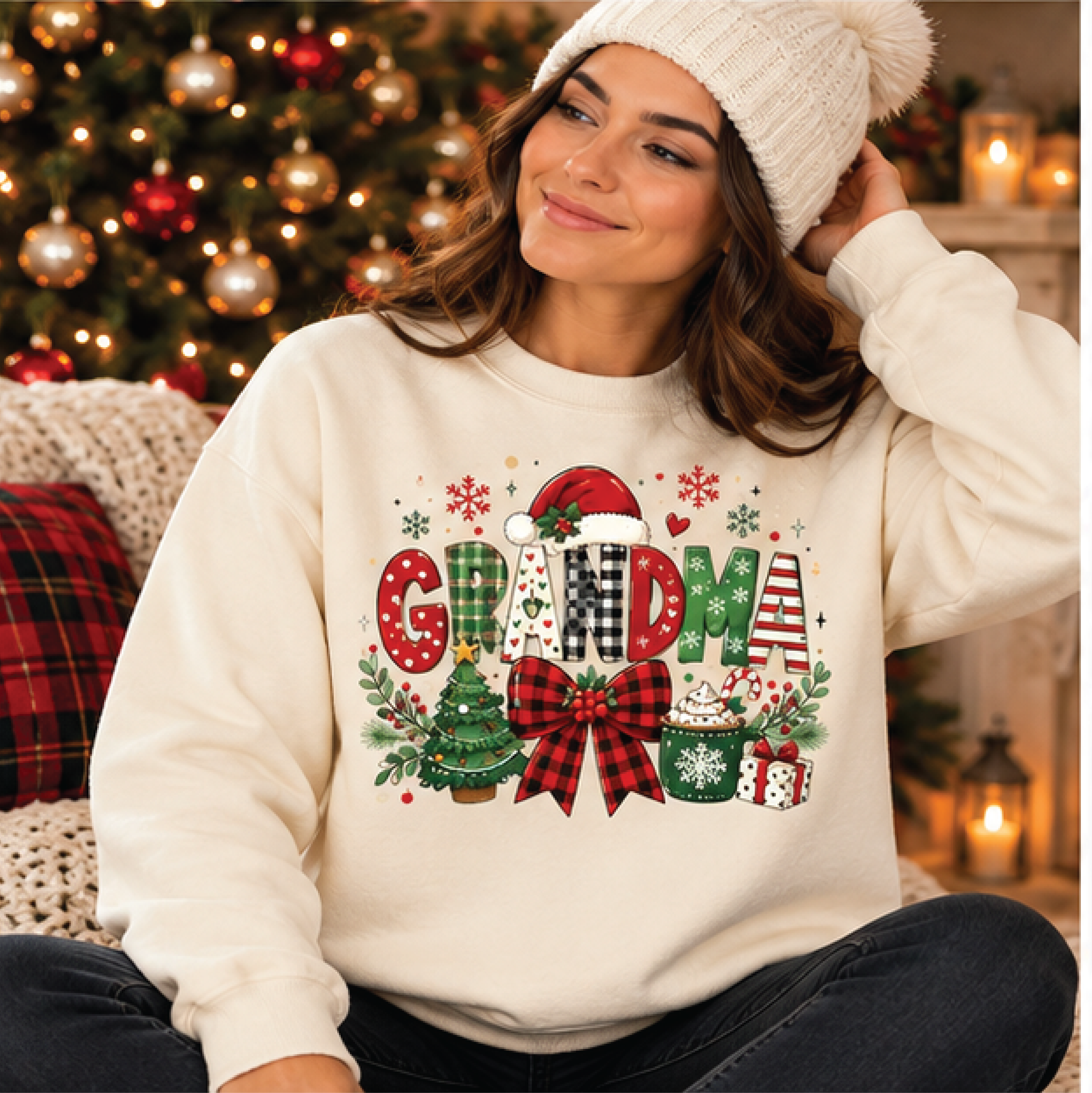 christmas grandma sweatshirt, festive plaid grandma crewneck, cute holiday grandma gift, christmas bow graphic sweater