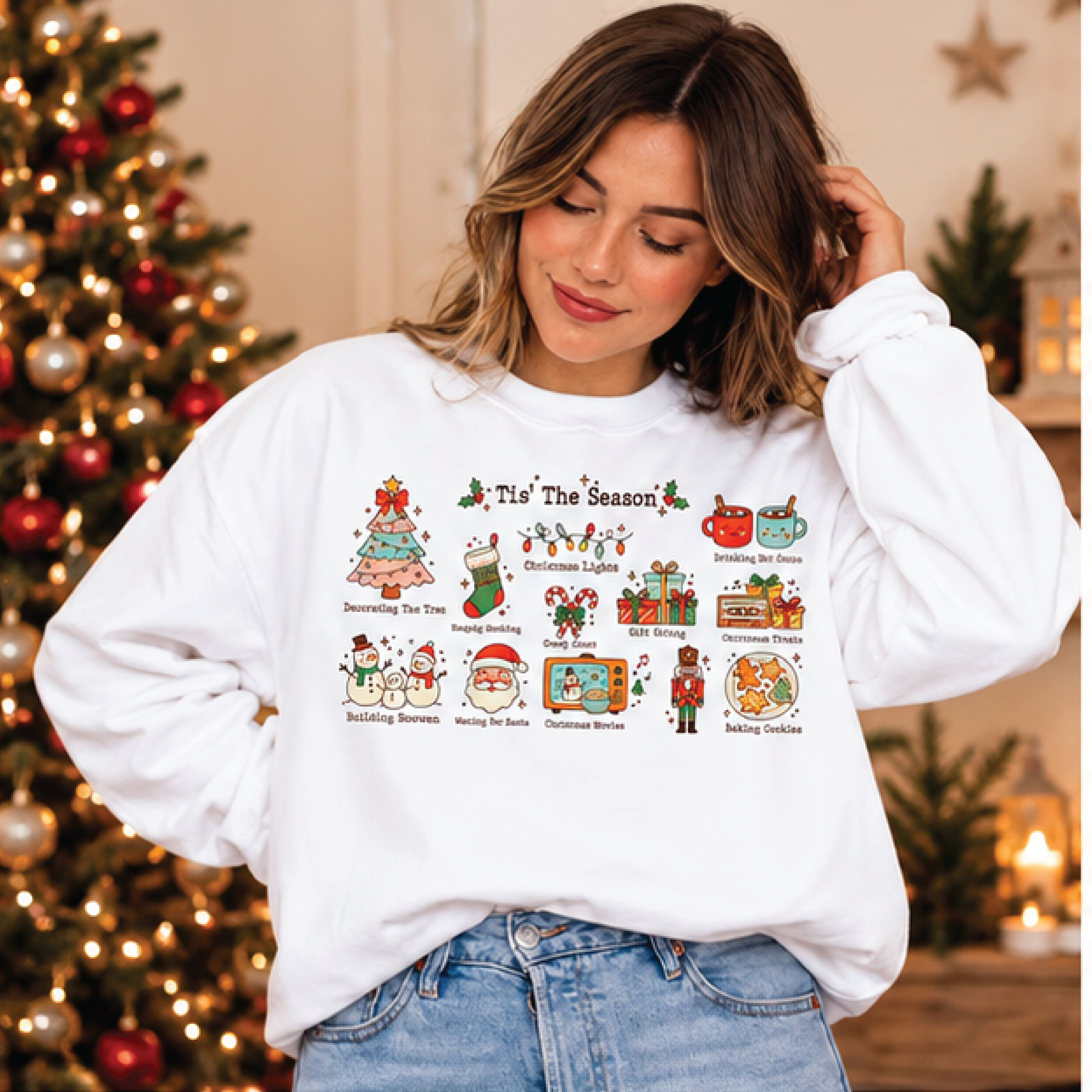 tis the season christmas sweatshirt, cute holiday traditions graphic crewneck, festive christmas activities sweater