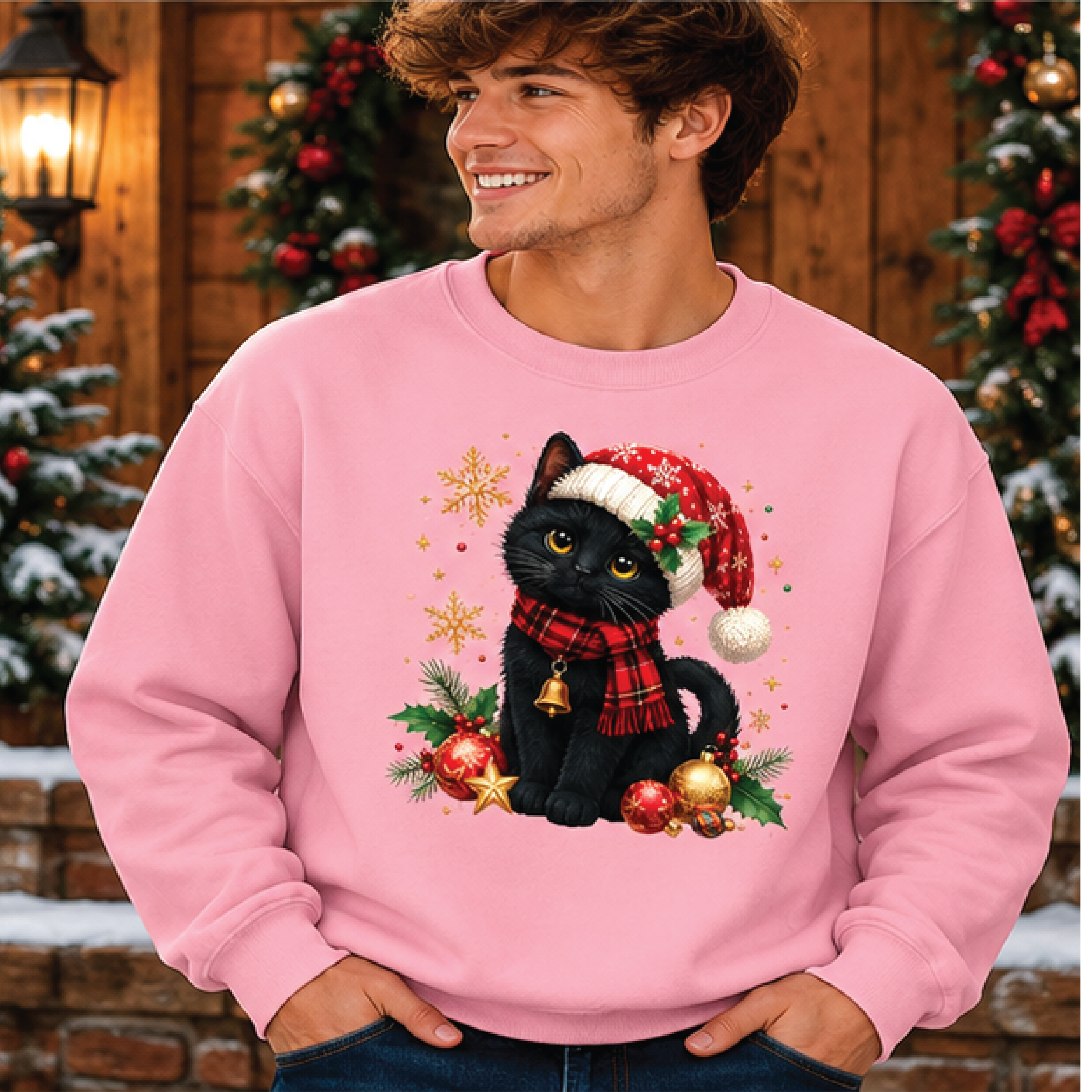 christmas black cat sweatshirt, cute santa hat kitty graphic crewneck, festive cat lover holiday sweater, unisex adult