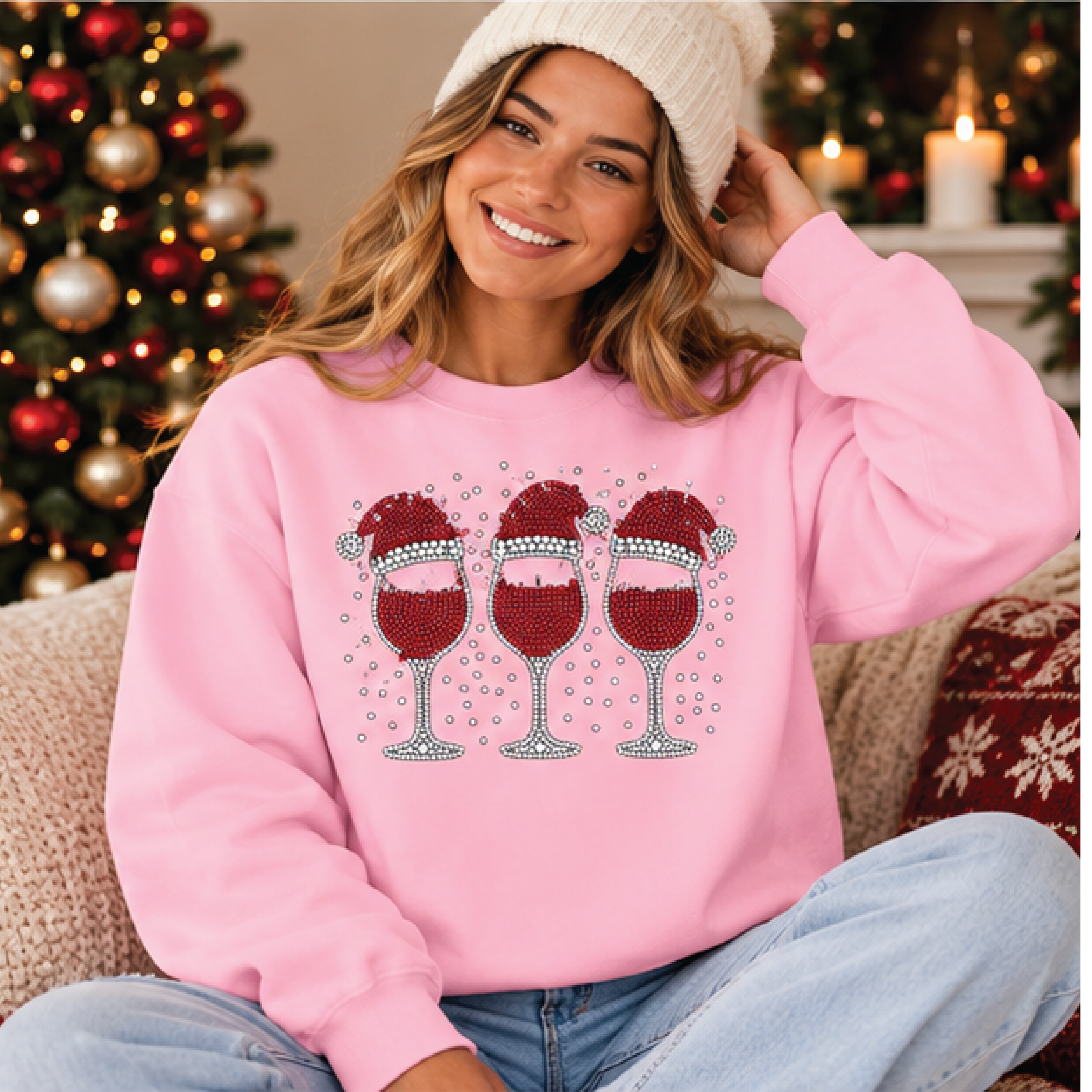 christmas wine glass sweatshirt, santa hat wine graphic crewneck, festive holiday drinks sweater, unisex adult xmas gift