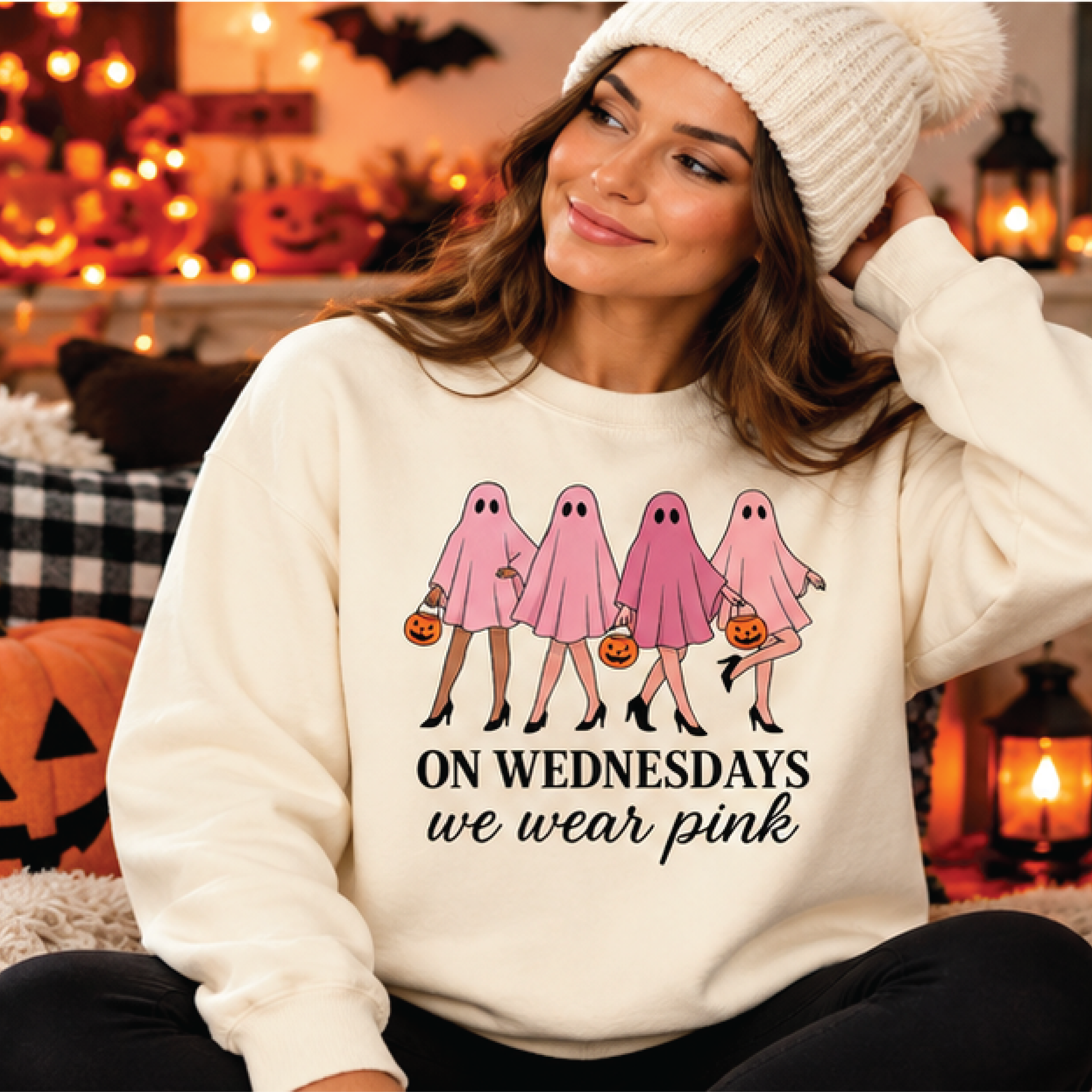 on wednesdays we wear pink halloween sweatshirt, cute ghost graphic crewneck, funny spooky season fall gift, unisex