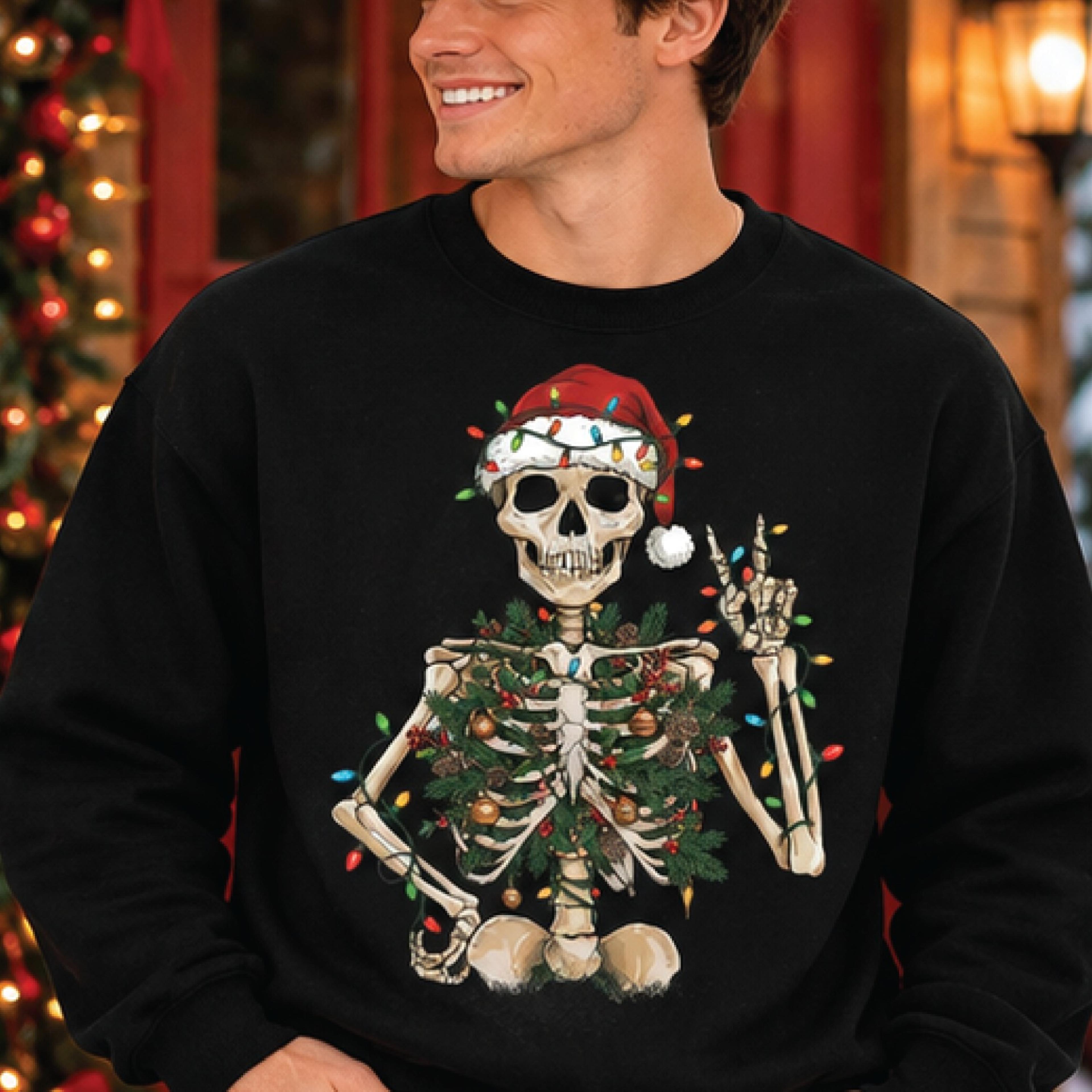 christmas skeleton sweatshirt, funny santa skull graphic crewneck, christmas lights skeleton sweater, spooky holiday
