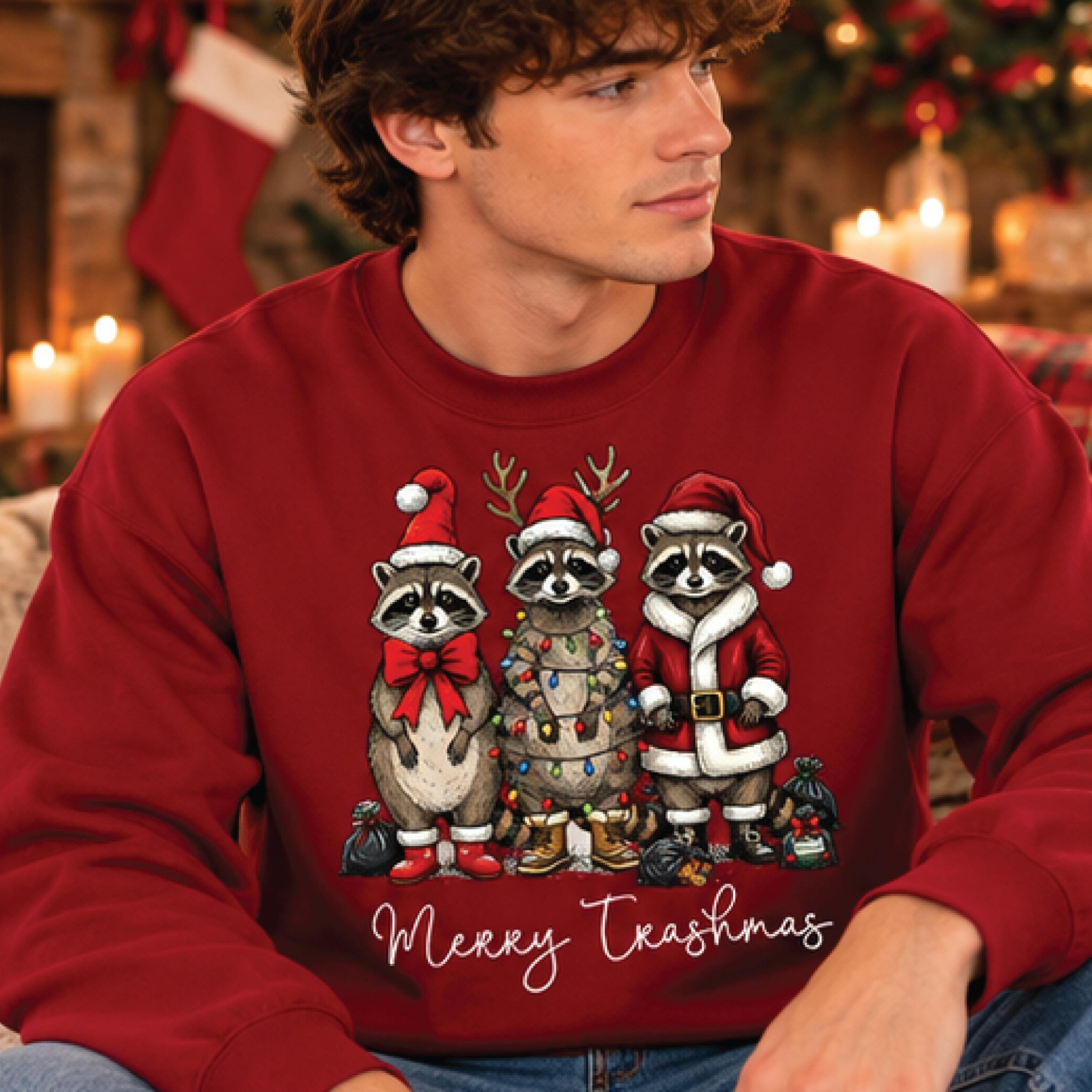 merry trashmas raccoon christmas sweatshirt, funny holiday raccoon graphic crewneck, cute santa raccoon sweater, unisex
