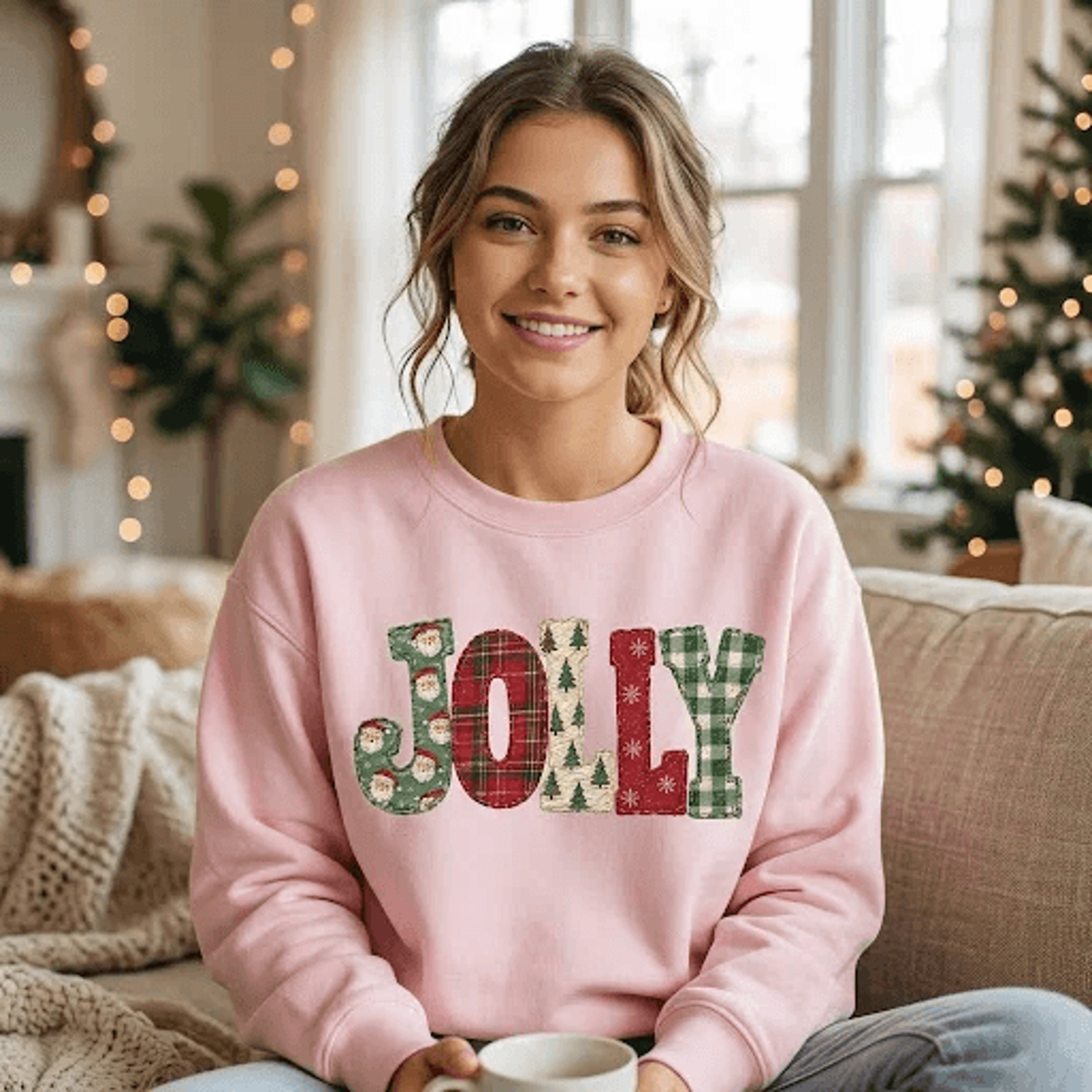 jolly christmas sweatshirt, retro patchwork holiday letter graphic crewneck, festive xmas pullover, unisex christmas