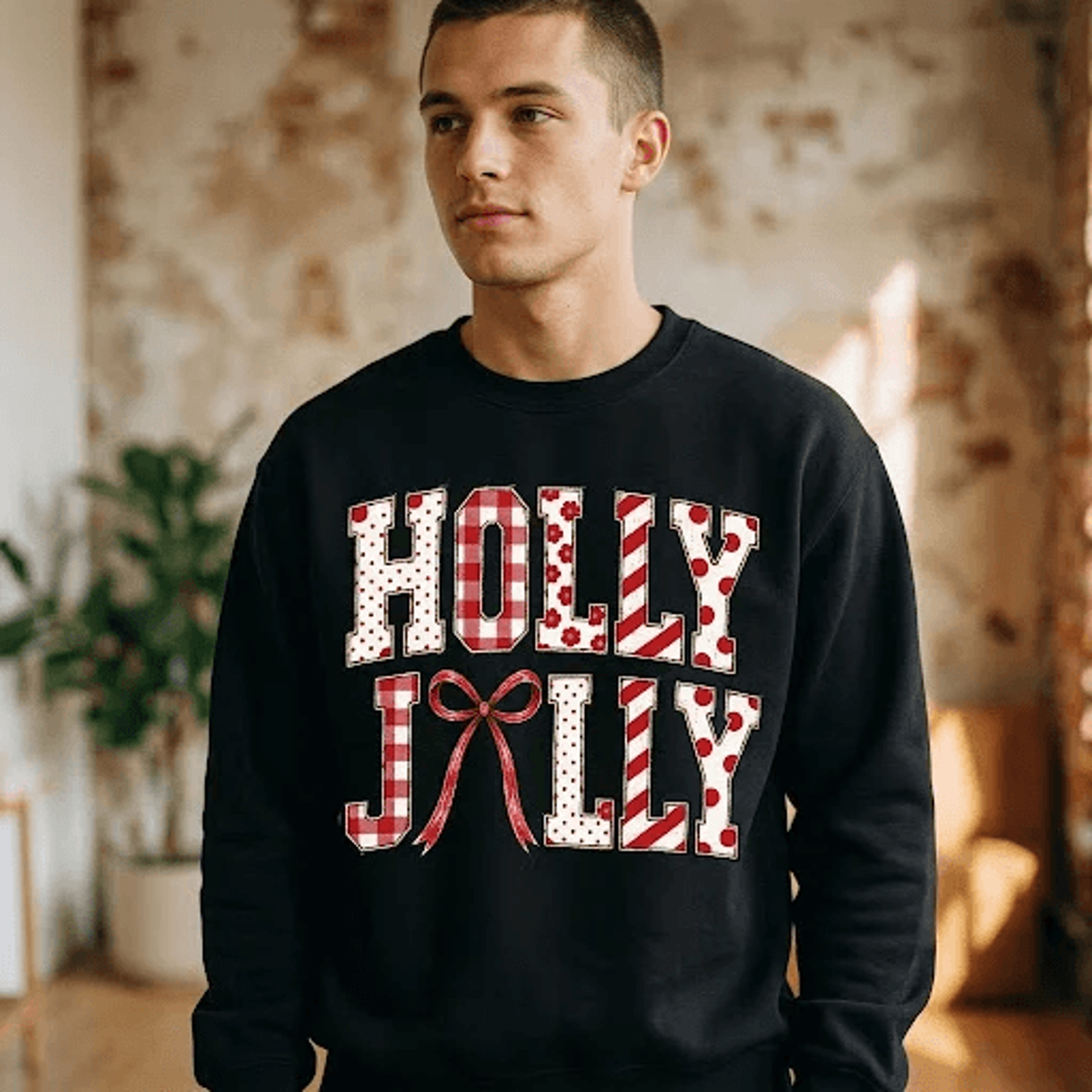 holly jolly christmas sweatshirt, retro candy cane letter graphic crewneck, festive holiday pullover, unisex xmas gift