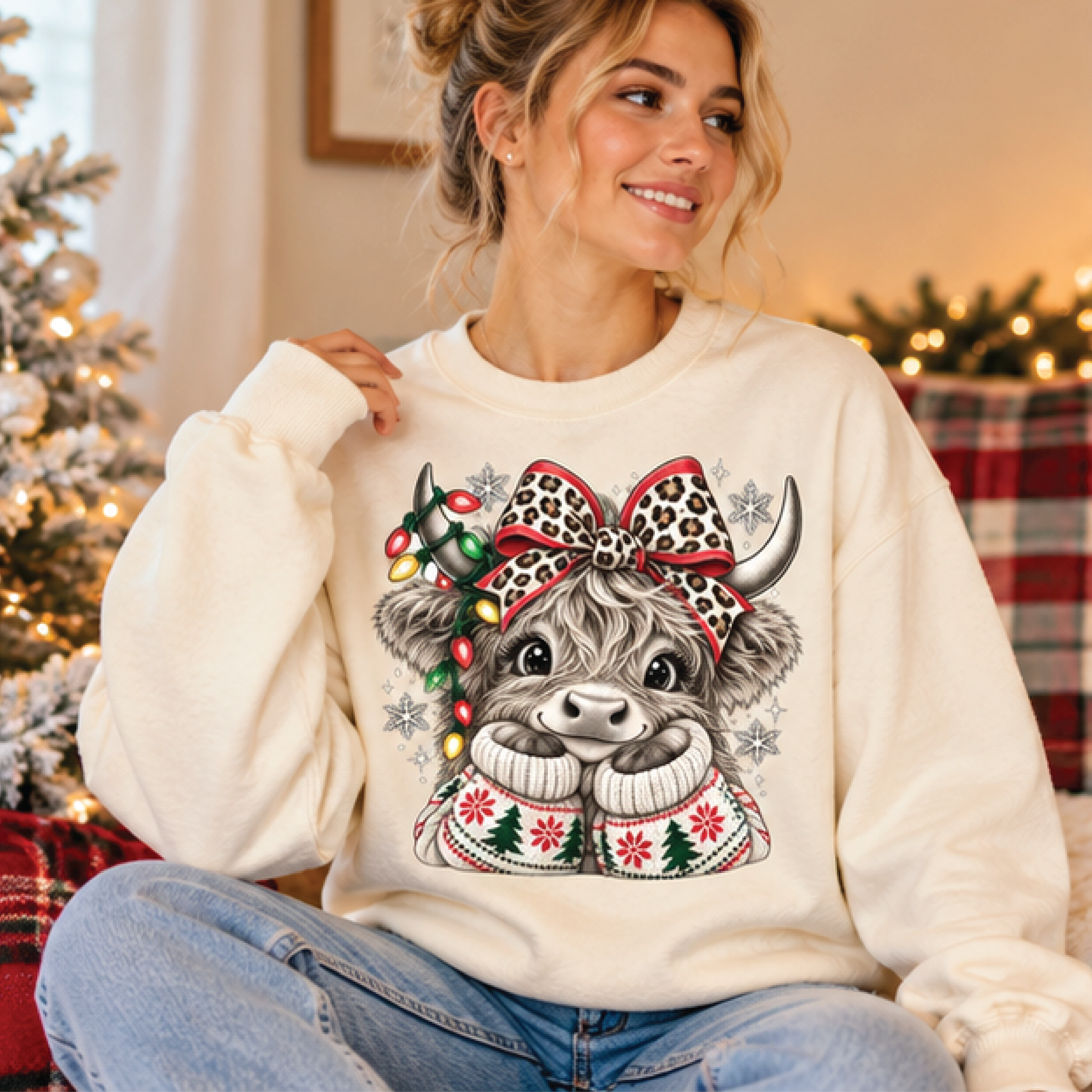 cute highland cow christmas sweatshirt, leopard bow cow holiday crewneck, festive cow lover gift, unisex adult sweat