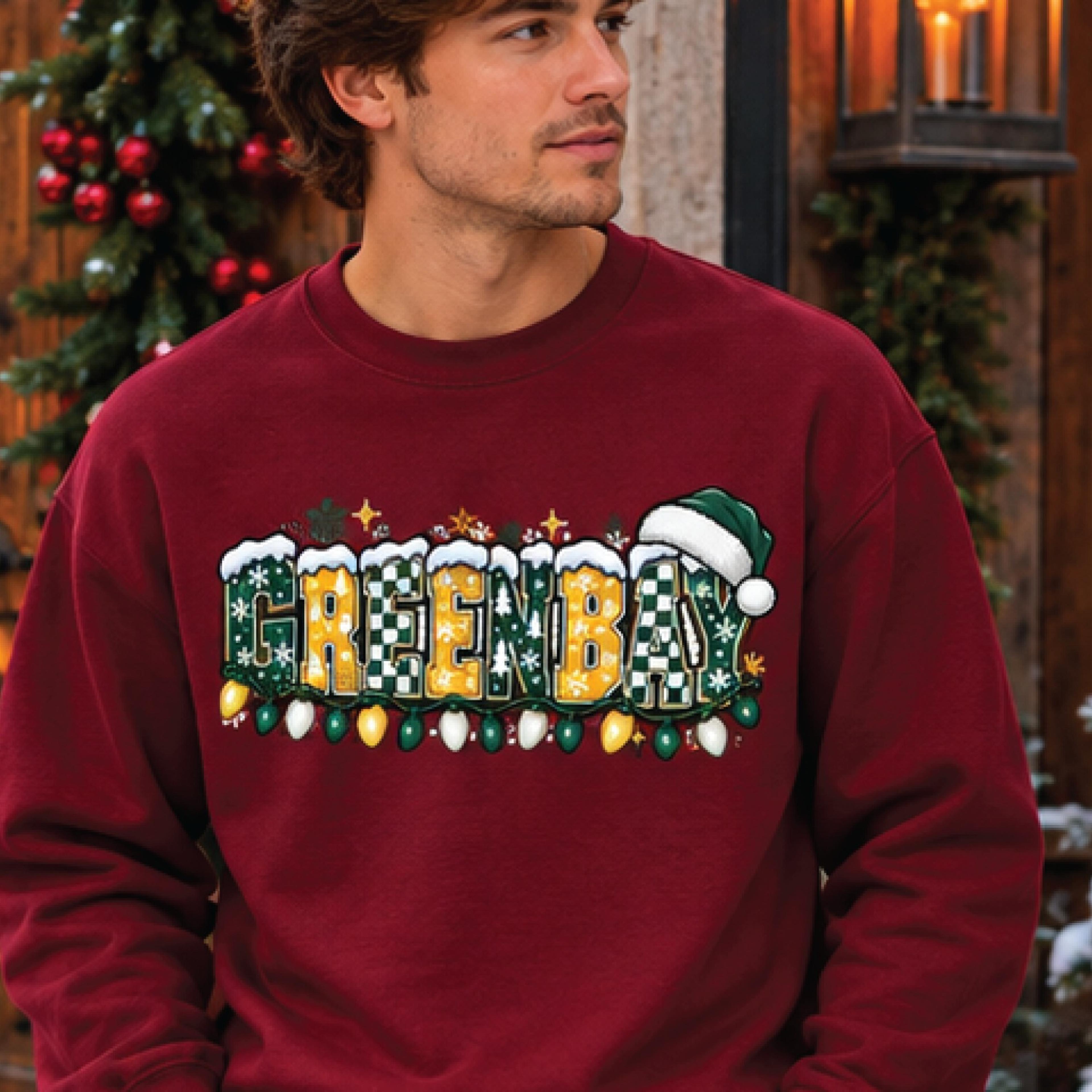 green bay christmas sweatshirt, festive green bay football fan crewneck, holiday lights sweater, unisex adult christmas