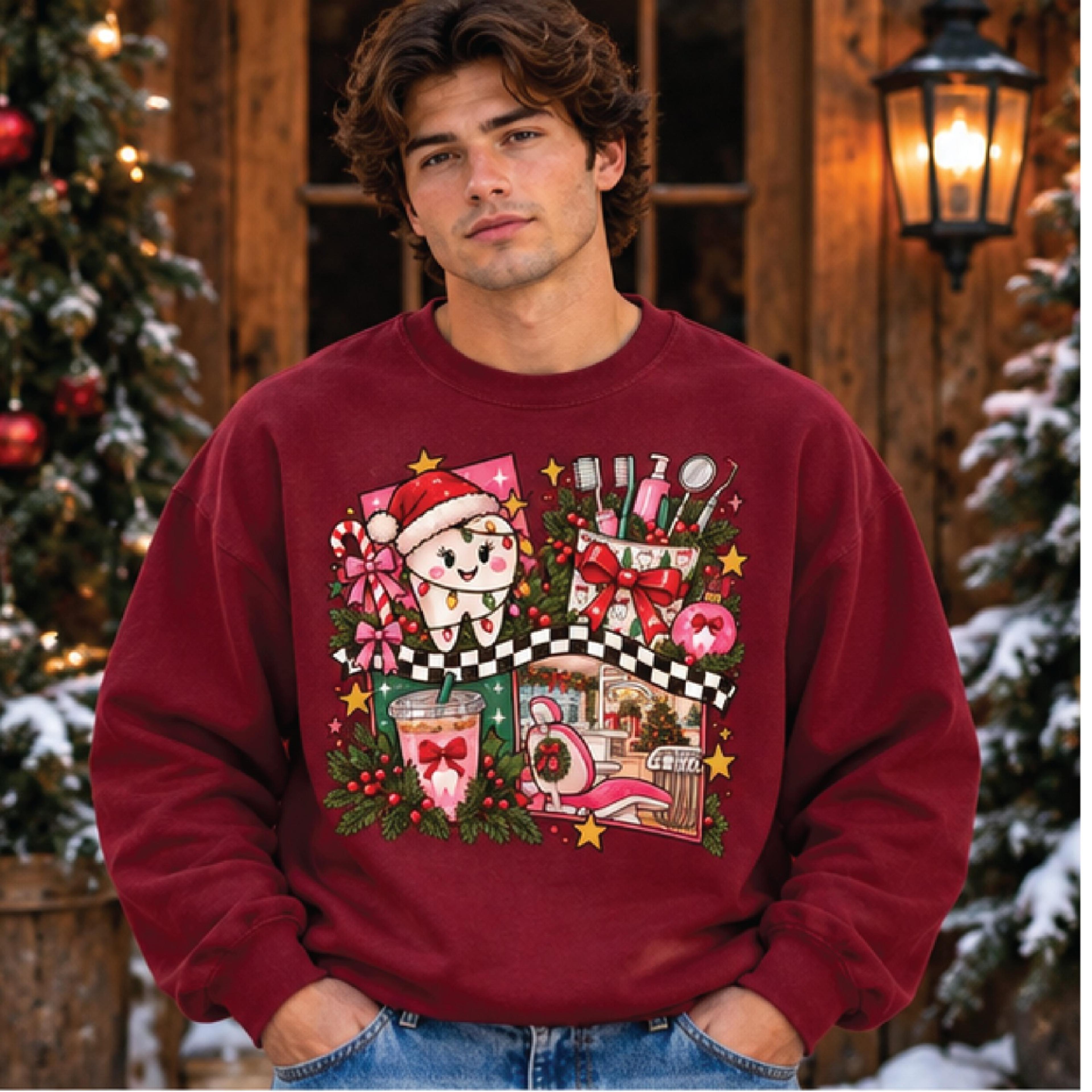 coquette christmas sweatshirt, pink holiday collage crewneck, cute girly christmas graphic sweater, festive gift