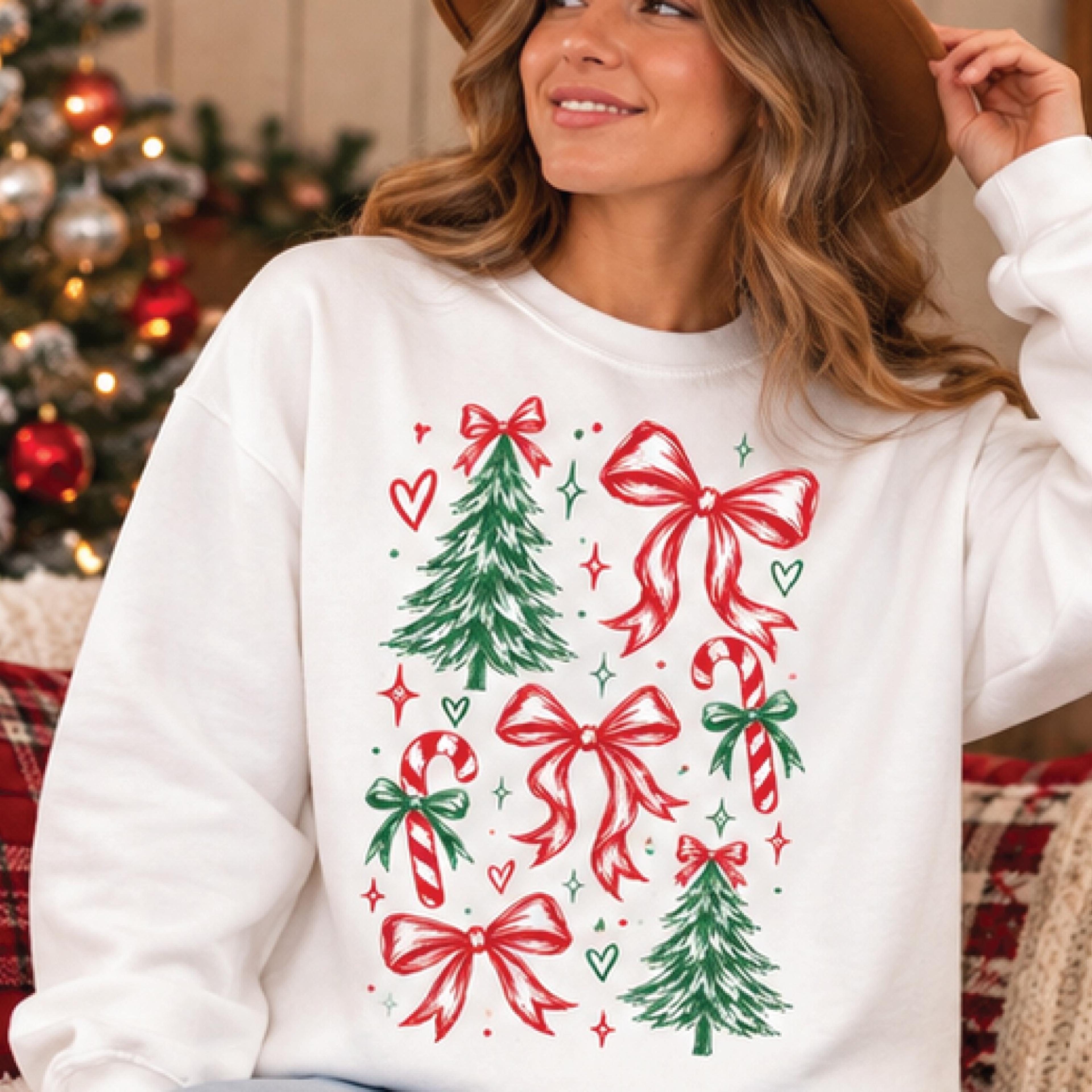 coquette christmas sweatshirt, red bow christmas tree crewneck, cute candy cane holiday sweater, festive unisex adult