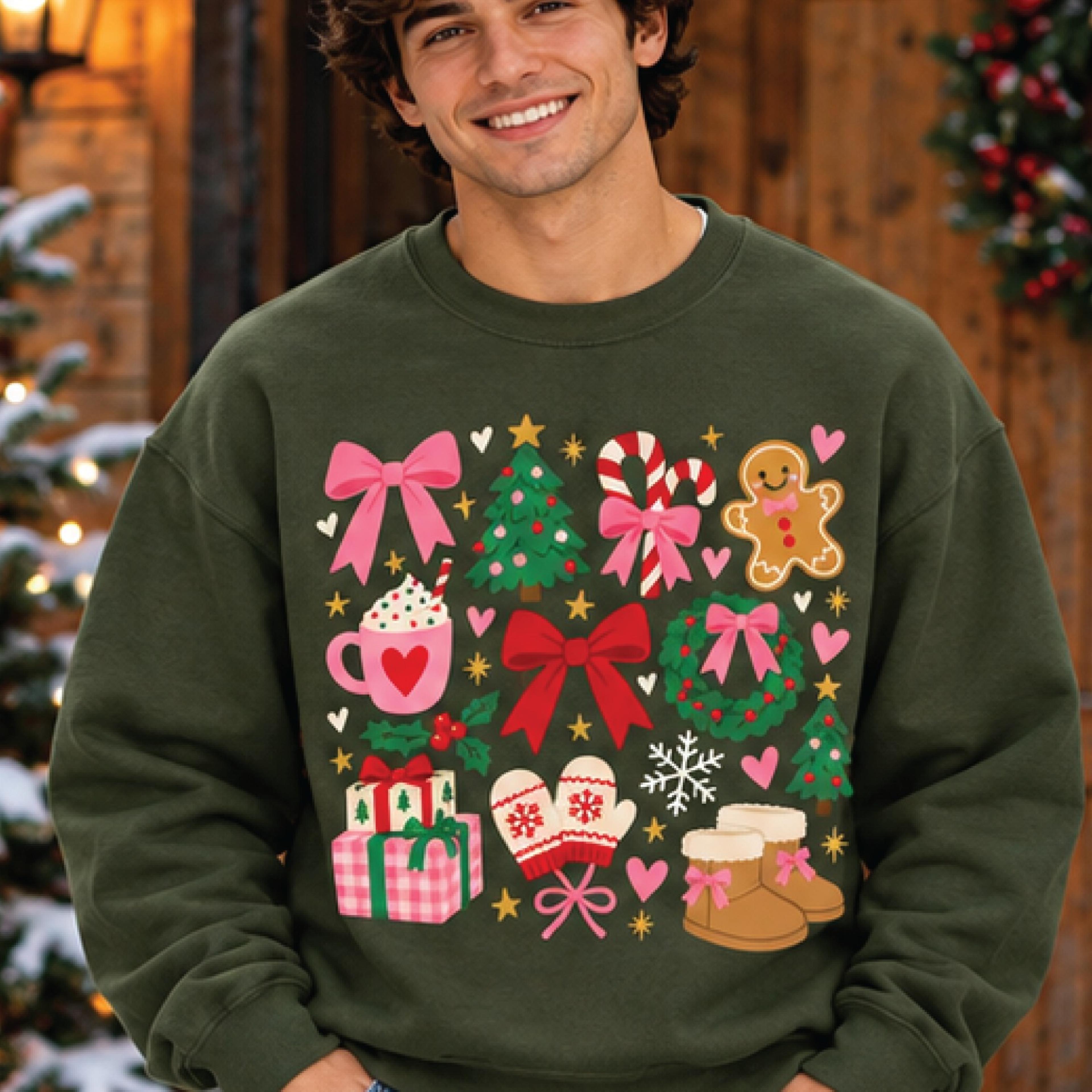 coquette christmas sweatshirt, pink bow holiday crewneck, cute gingerbread christmas sweater, festive winter gift