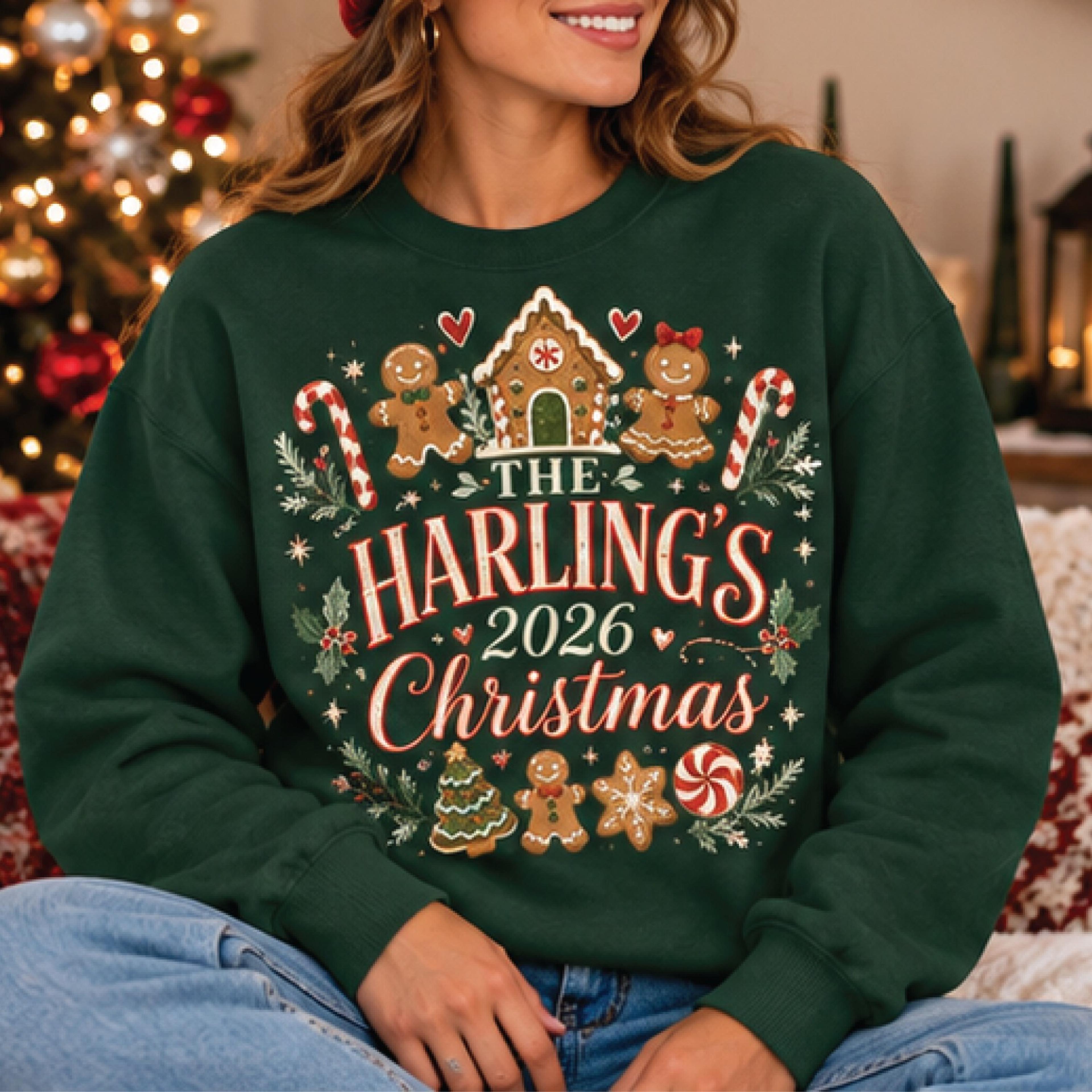 personalized gingerbread family christmas sweatshirt, custom last name and year crewneck, vintage xmas holiday family