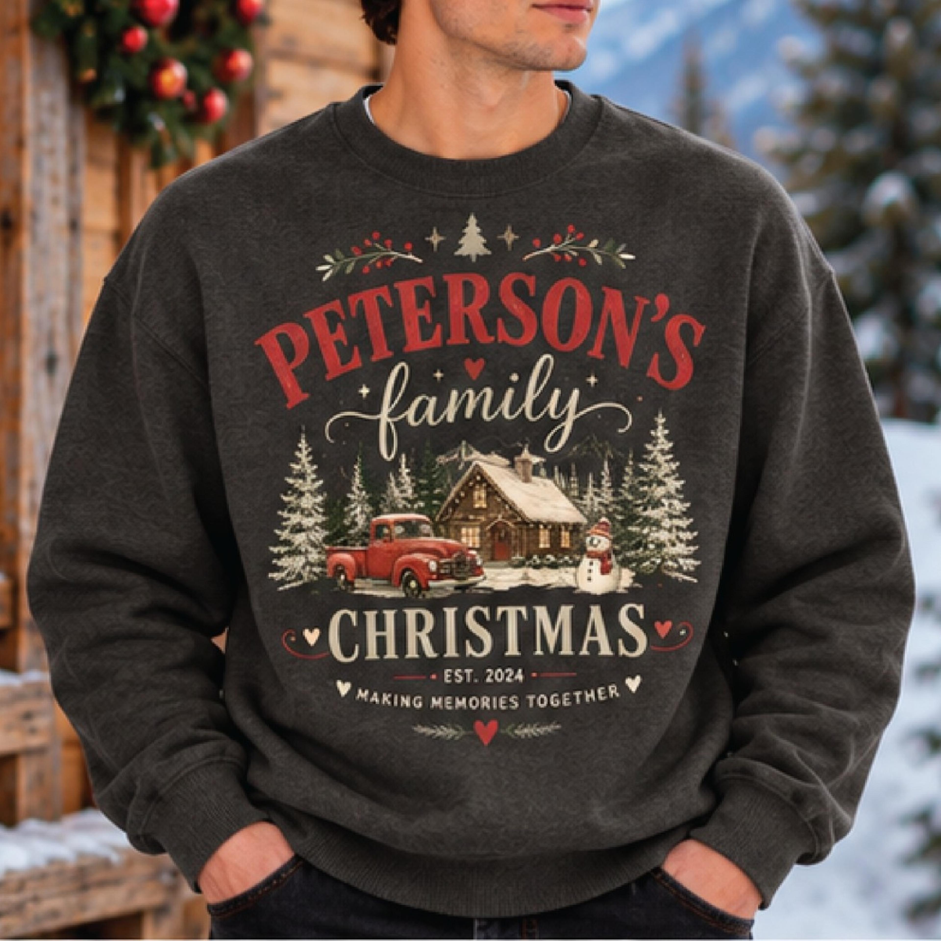 personalized family christmas sweatshirt, custom last name and established year crewneck, vintage truck holiday family