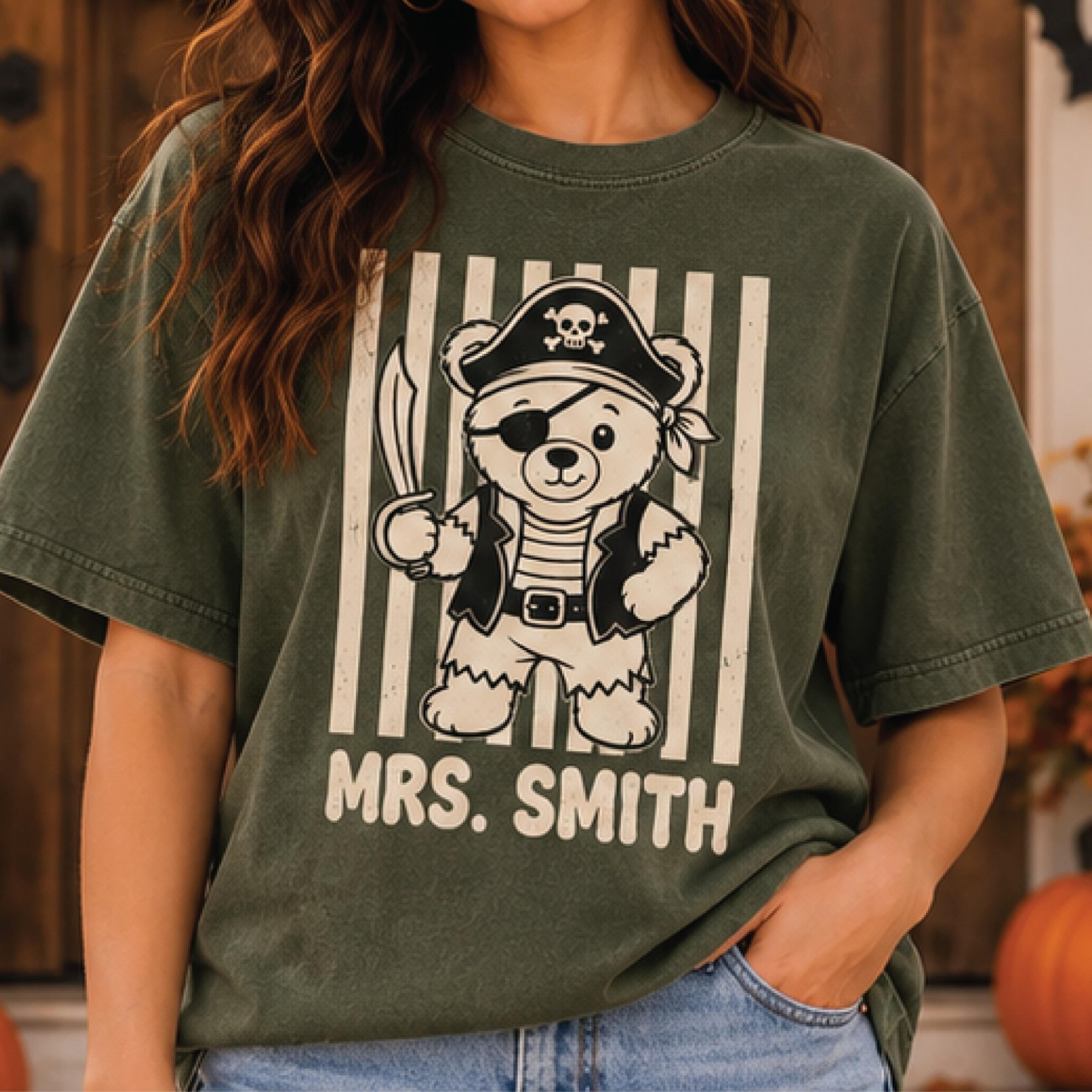 personalized pirate bear teacher shirt, custom teacher name t-shirt, cute halloween pirate teddy bear tee, retro school