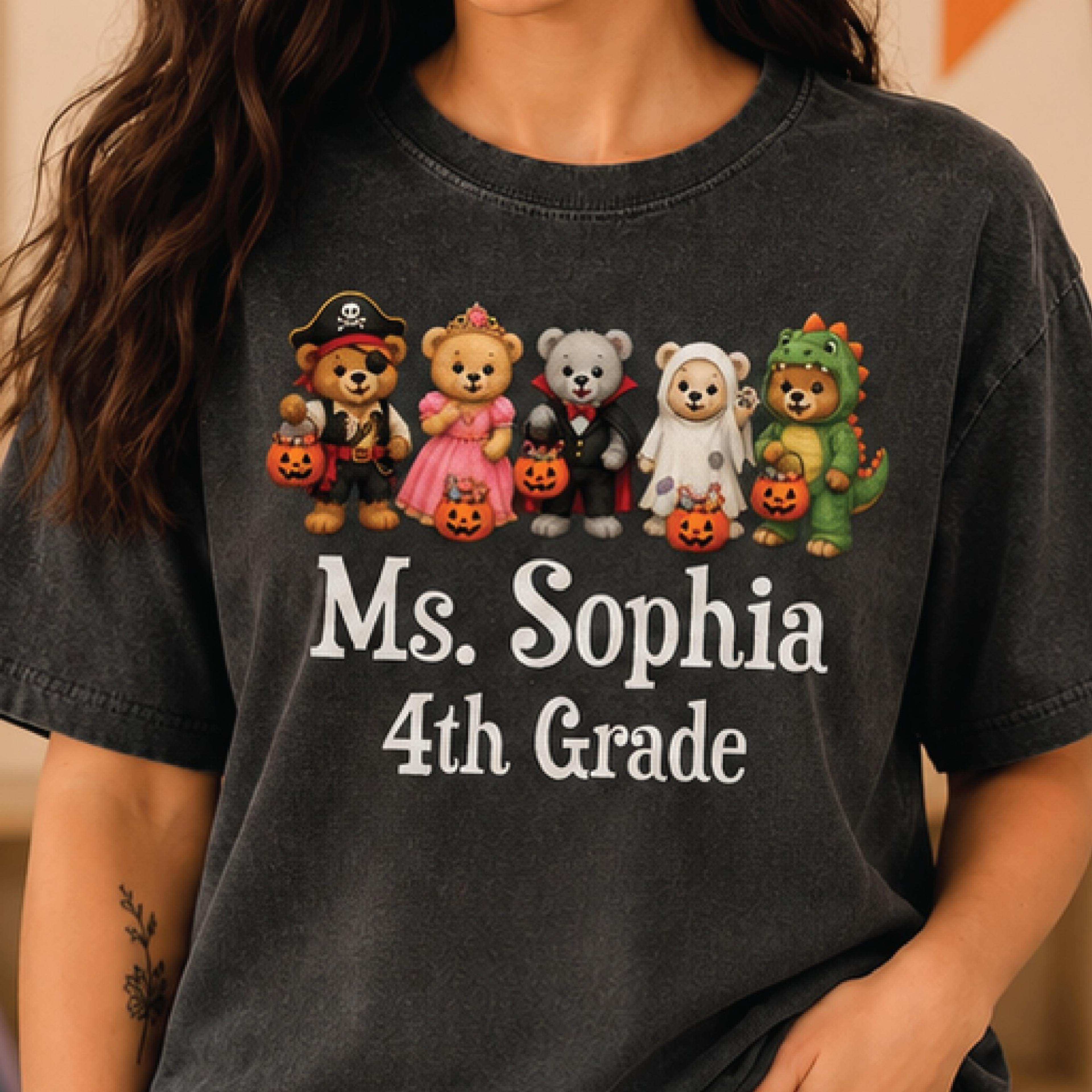 personalized halloween teacher shirt, custom name and grade tee, cute costume teddy bears t-shirt, spooky classroom gift