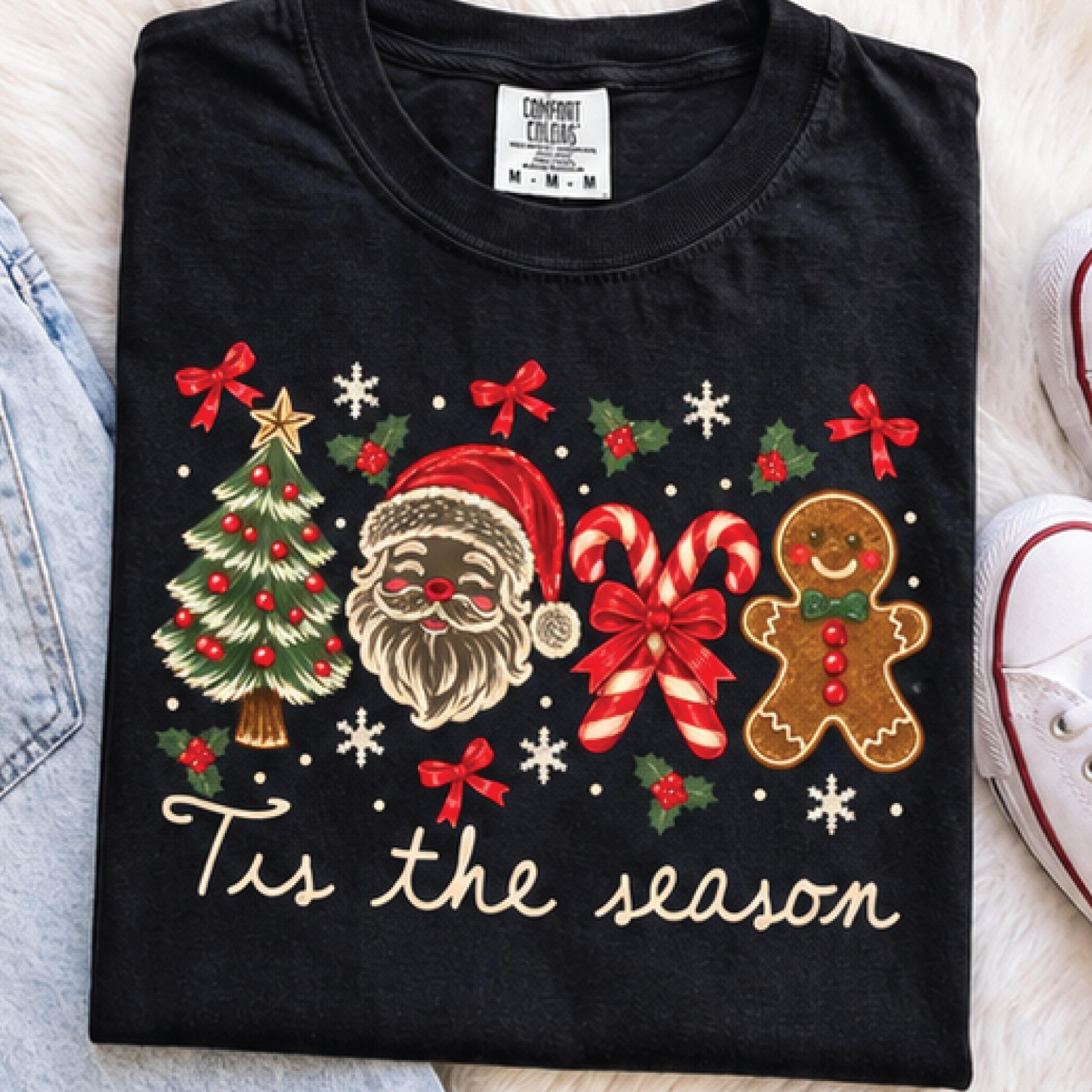 tis the season christmas t-shirt, retro santa gingerbread holiday tee, cute christmas tree candy cane shirt, festive