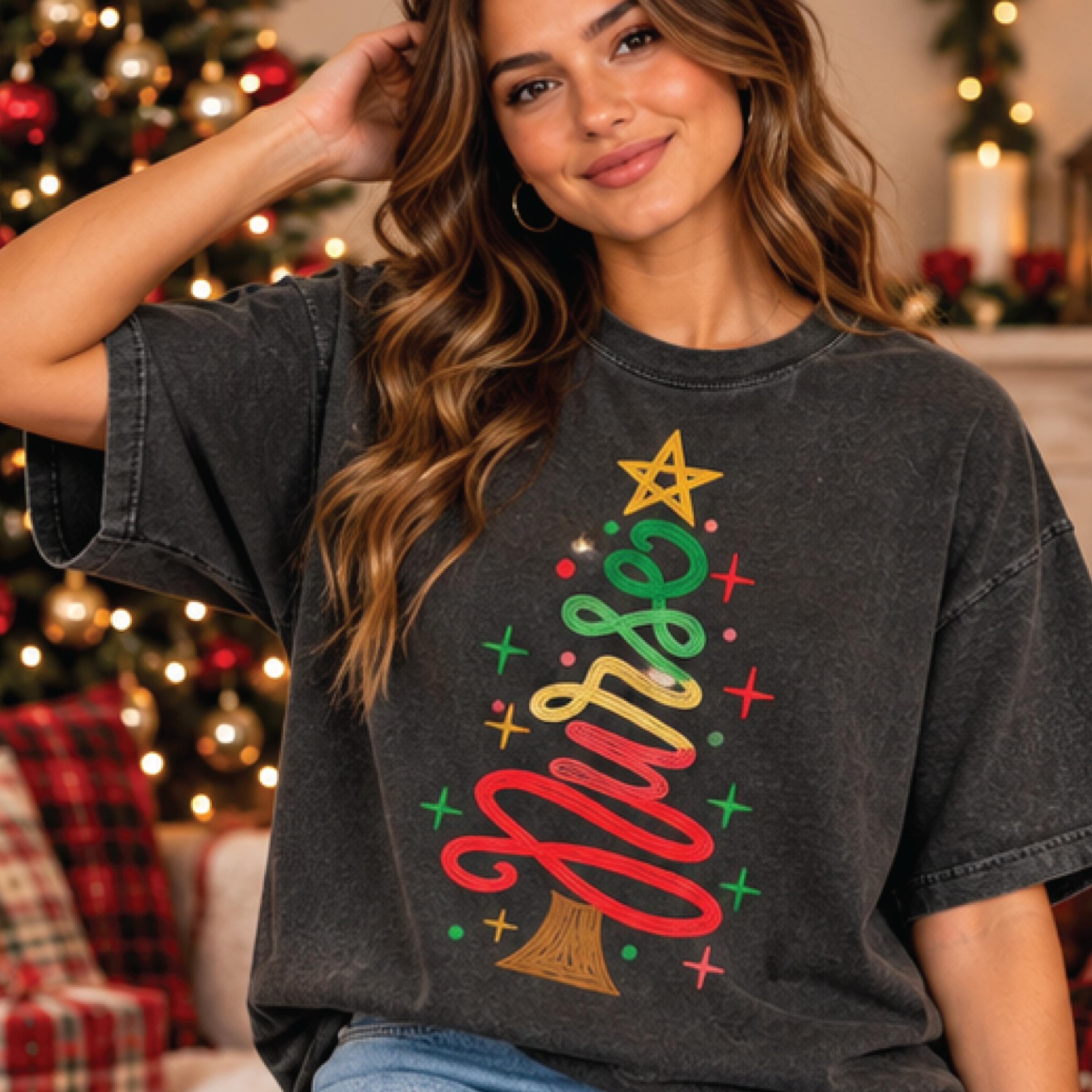 retro christmas tree t-shirt, colorful swirl xmas tree shirt, minimalist holiday graphic tee, cute festive christmas