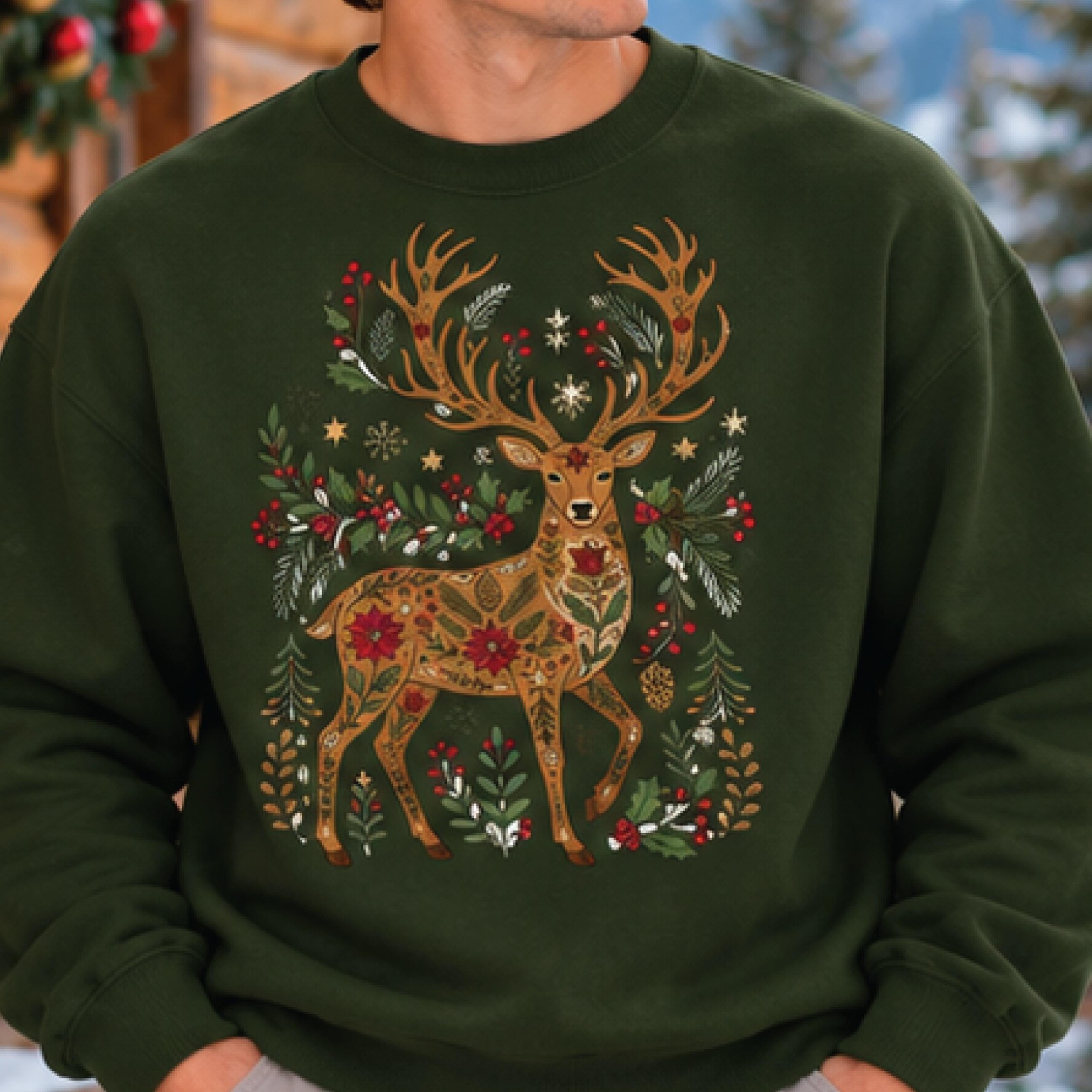 christmas reindeer sweatshirt, vintage folk art deer crewneck, botanical holiday sweater, festive winter graphic, unisex