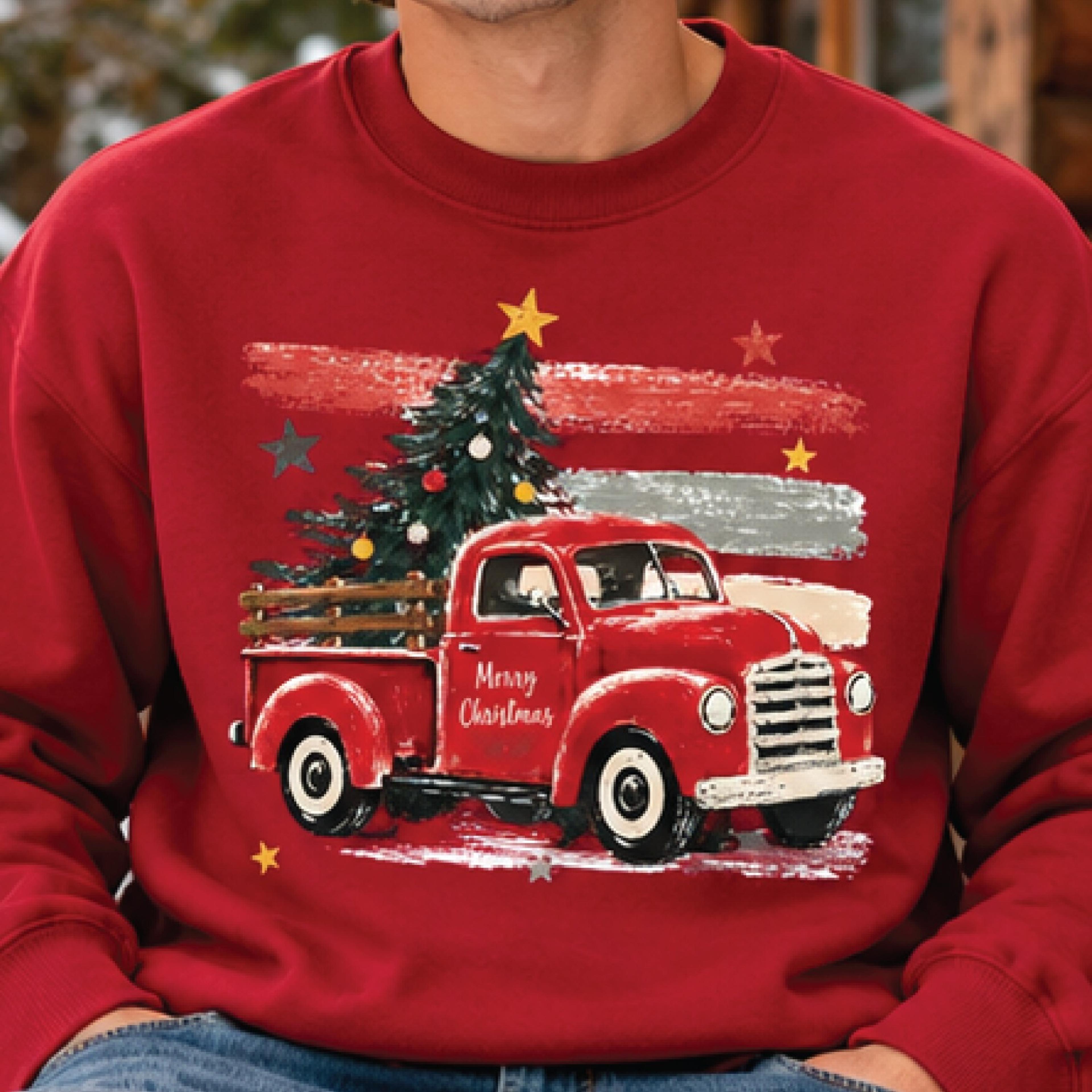 vintage christmas truck sweatshirt, retro red pickup truck with christmas tree, farmhouse holiday crewneck, unisex xmas