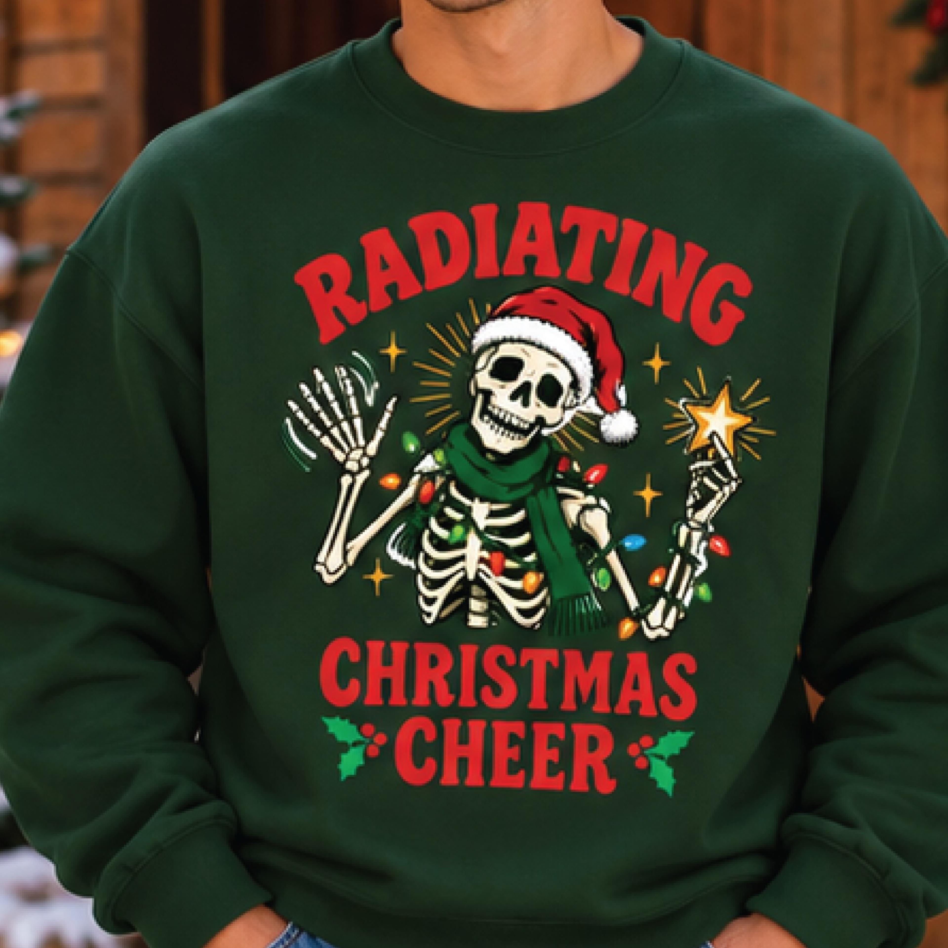radiating christmas cheer skeleton sweatshirt, funny santa skeleton christmas crewneck, spooky holiday graphic sweater