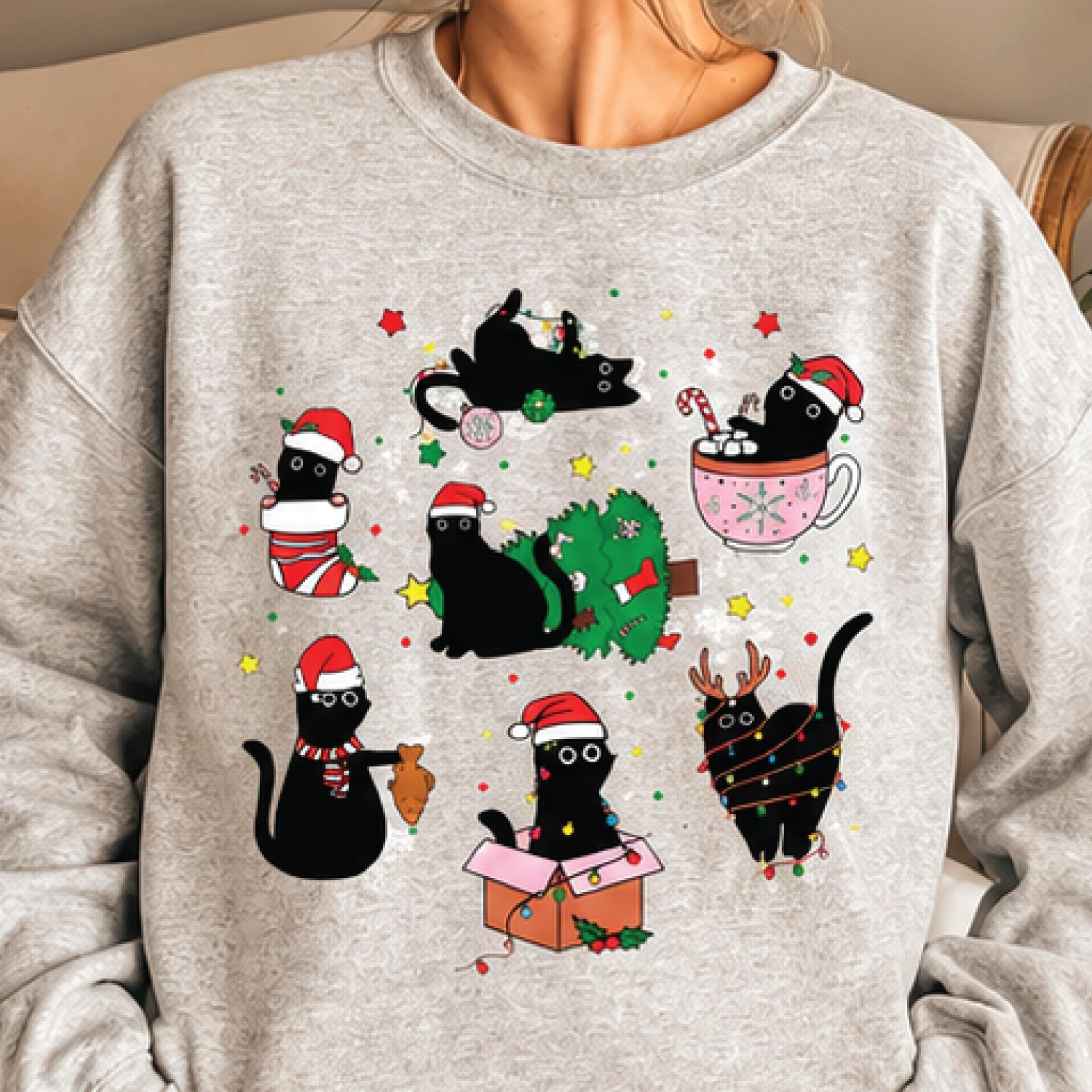 funny christmas cat sweatshirt, cute black cat holiday crewneck, festive santa kitty graphic pullover, unisex xmas gift