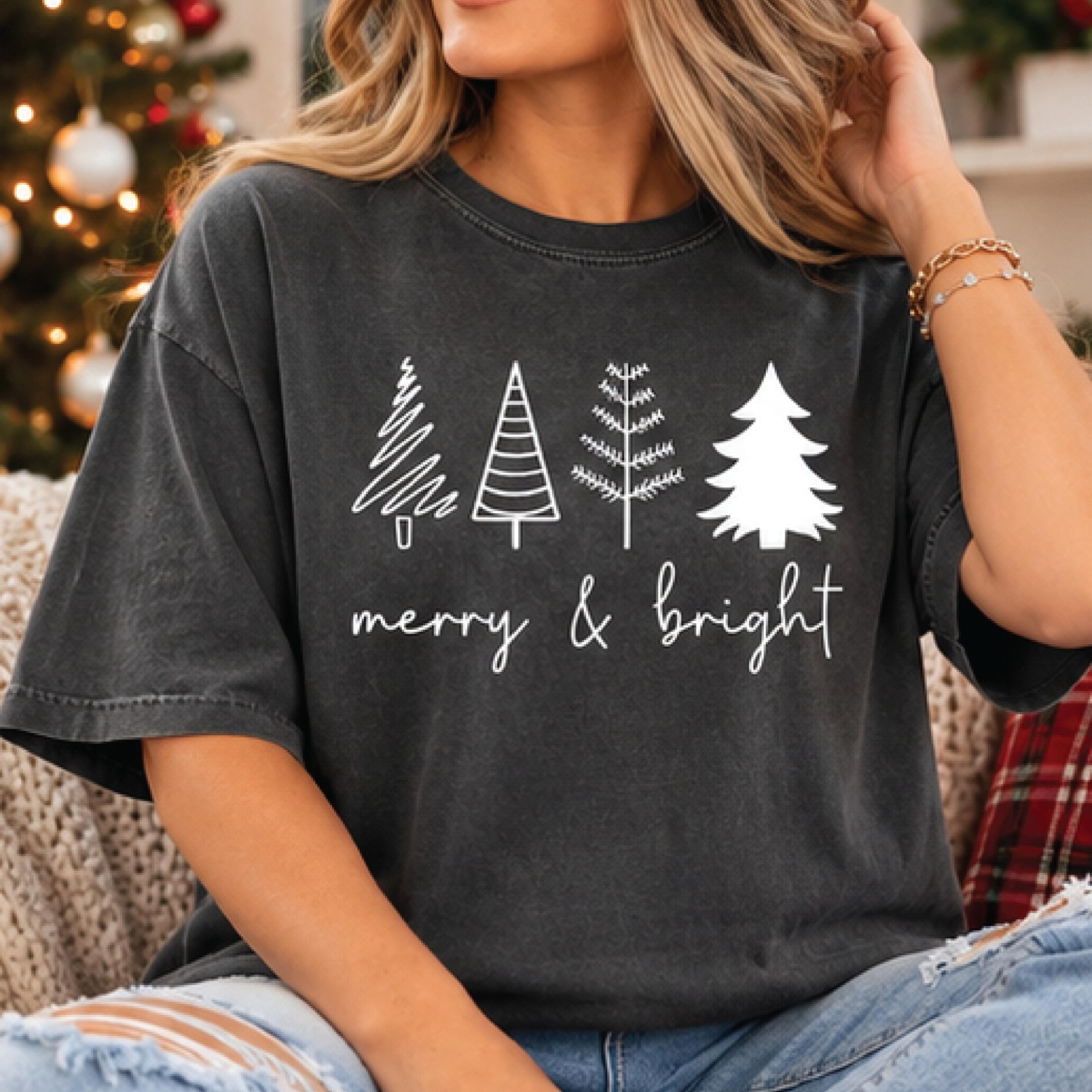 merry and bright christmas t-shirt, minimalist red christmas trees graphic tee, cute holiday shirt, unisex adult xmas