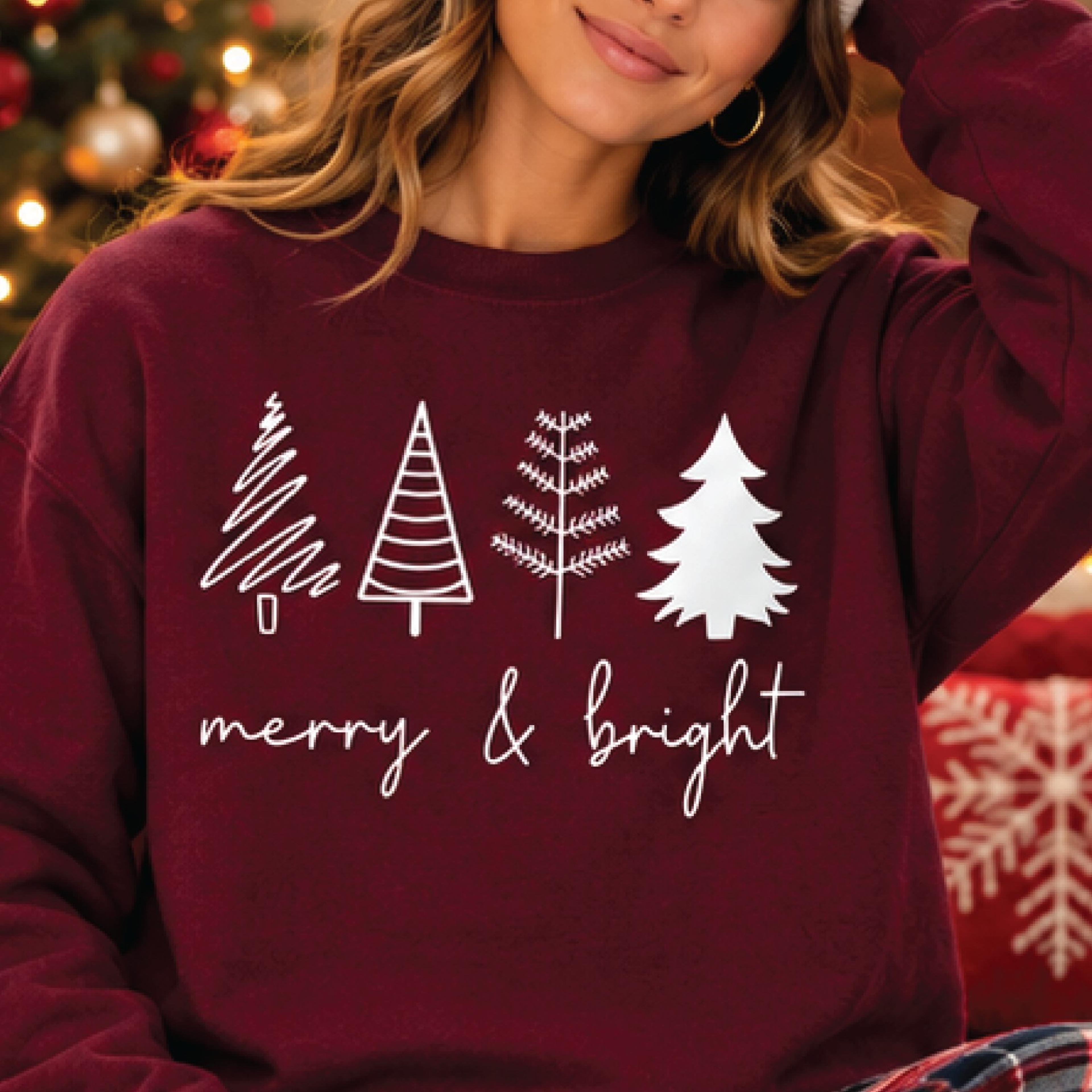 merry and bright christmas sweatshirt, minimalist christmas tree crewneck, cute holiday graphic pullover, unisex xmas