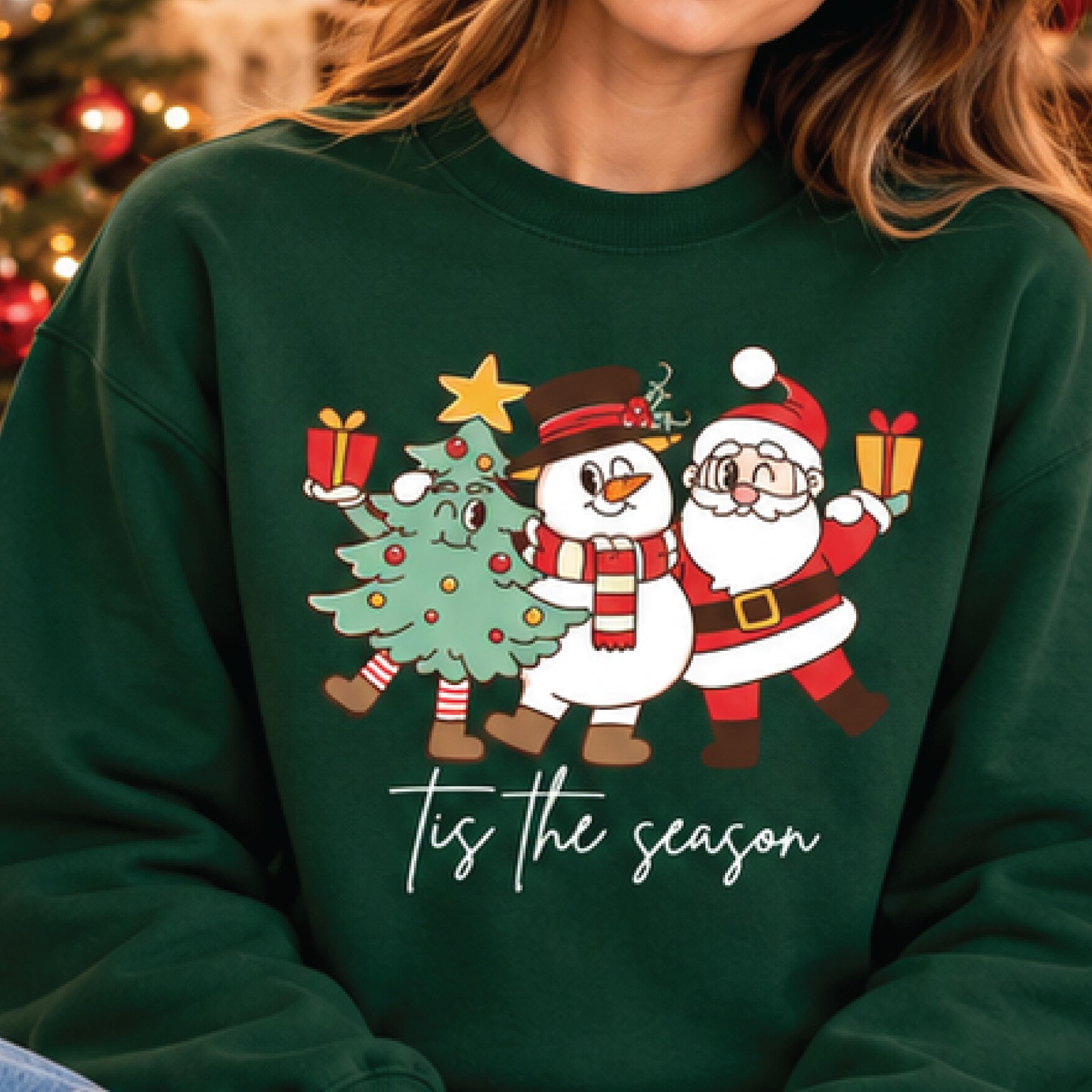 tis the season christmas sweatshirt, cute santa snowman christmas tree crewneck, festive holiday pullover, unisex xmas